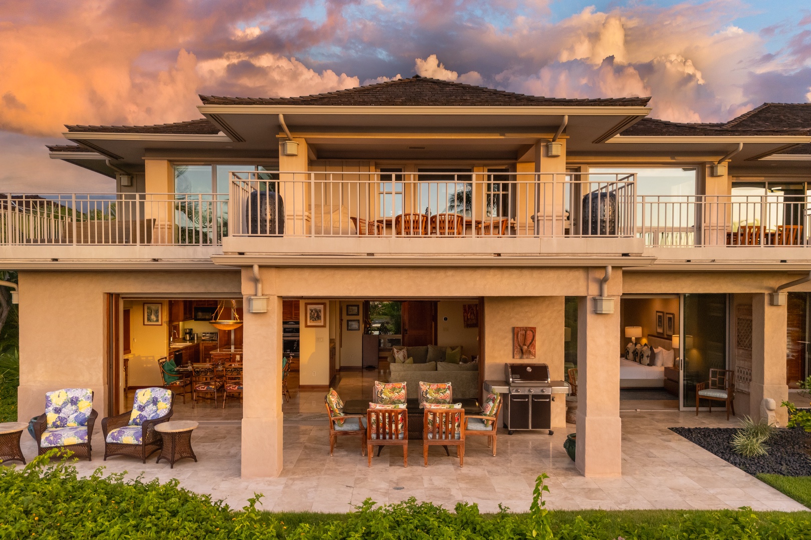 Kailua Kona Vacation Rentals, 2BD Hillside Villa (4102) at Hualalai Resort - Two-story villa exterior with spacious covered lanai and upper balcony.