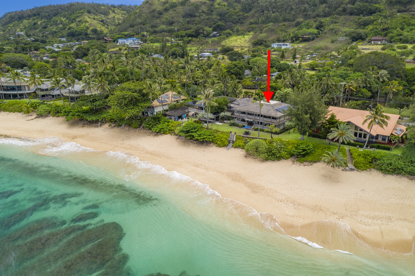 Haleiwa Vacation Rentals, Hale Kimo - Aerial shot of the property, direct beach access.