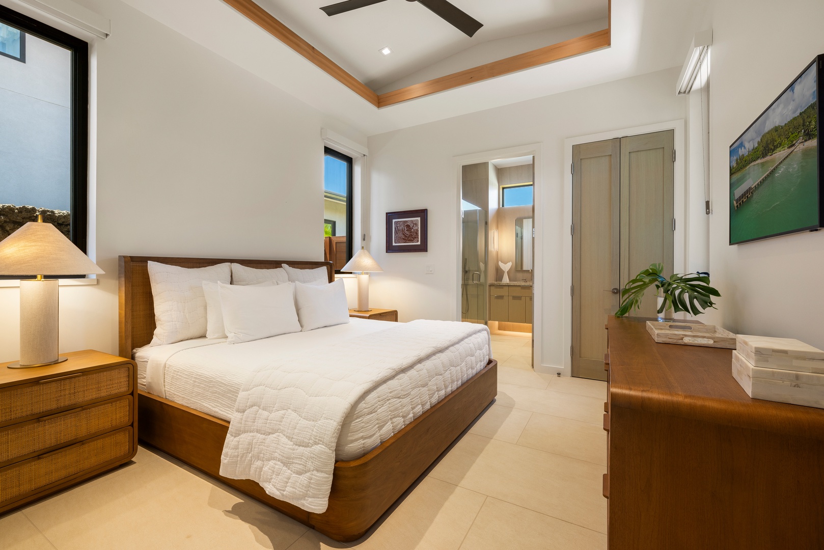 Kamuela Vacation Rentals, 6BD Mauna Lani Lux Golf Estate (5) at One Ocean - Wake to soft light through the glass in the Guest Suite (Bedroom #4).