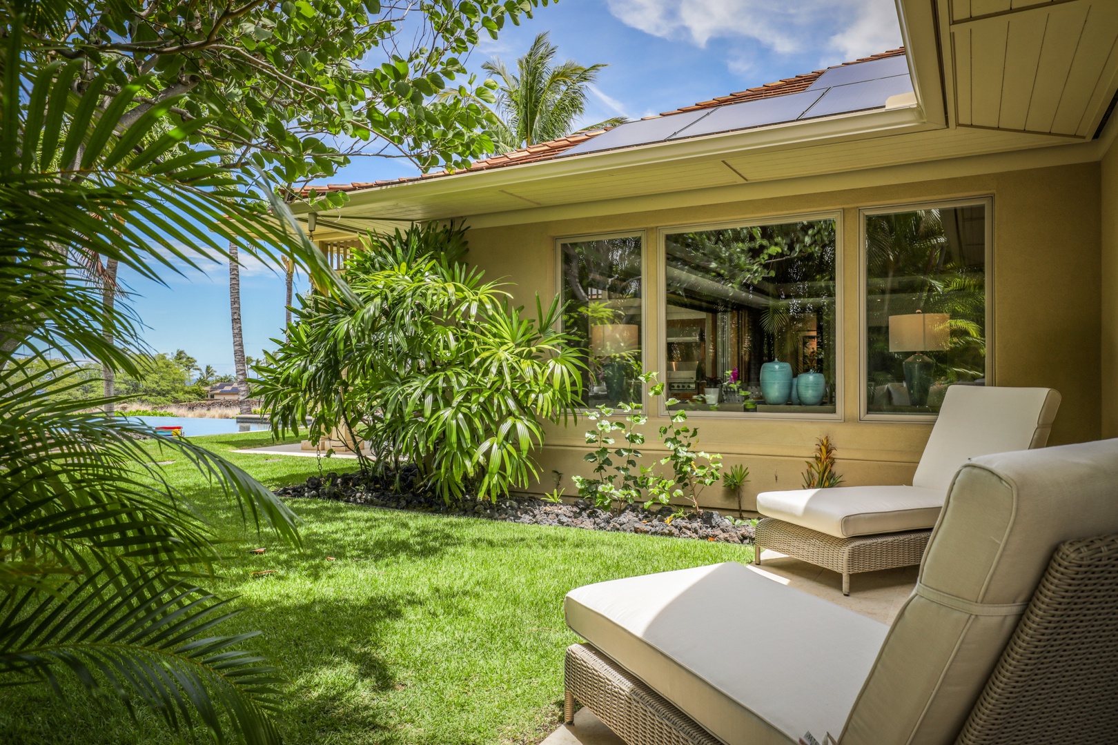 Kailua Kona Vacation Rentals, 4BD Hainoa Estate (122) at Four Seasons Resort at Hualalai - Private lanai with tropical landscaping outside Guest Room 2.