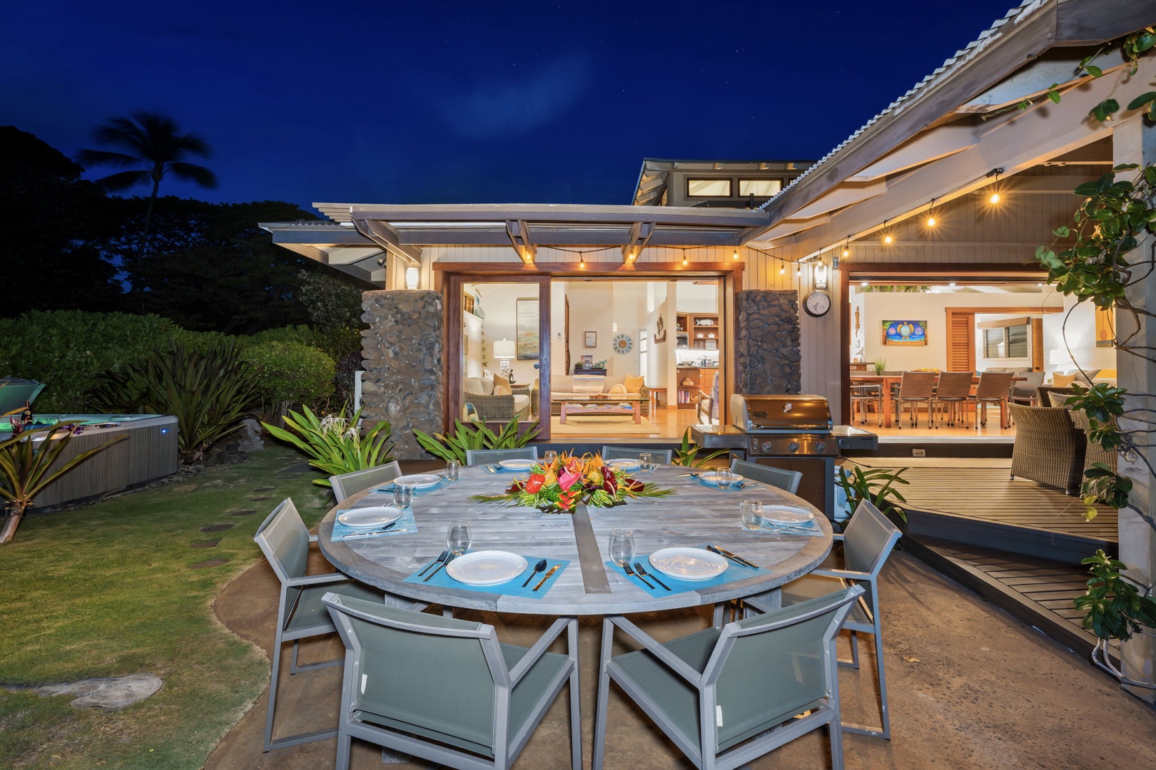 Kamuela Vacation Rentals, Island Time Retreat - Linger over an outdoor dinner under the lit eaves once the light's gone.