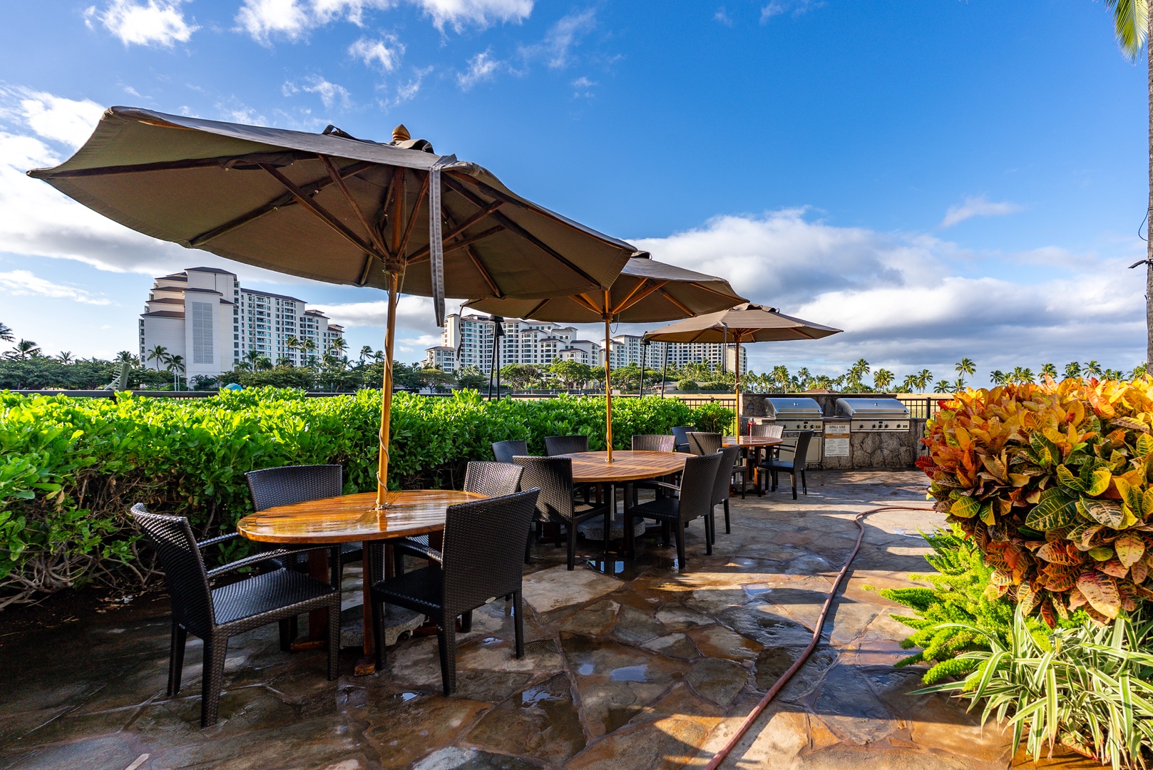 Take an early dinner outside under the umbrella, ocean off to the side.
