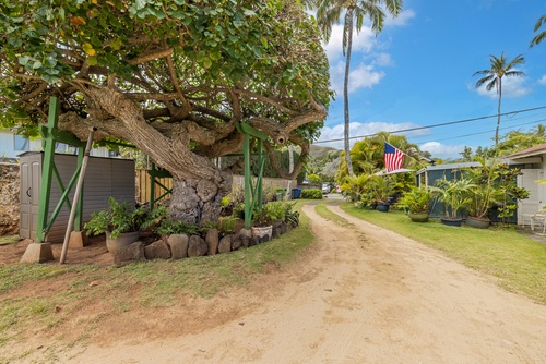 Kailua Vacation Rentals, Hale Moana Lanikai - Discover the rustic charm of this private driveway, shaded by an impressive tree that anchors the landscape