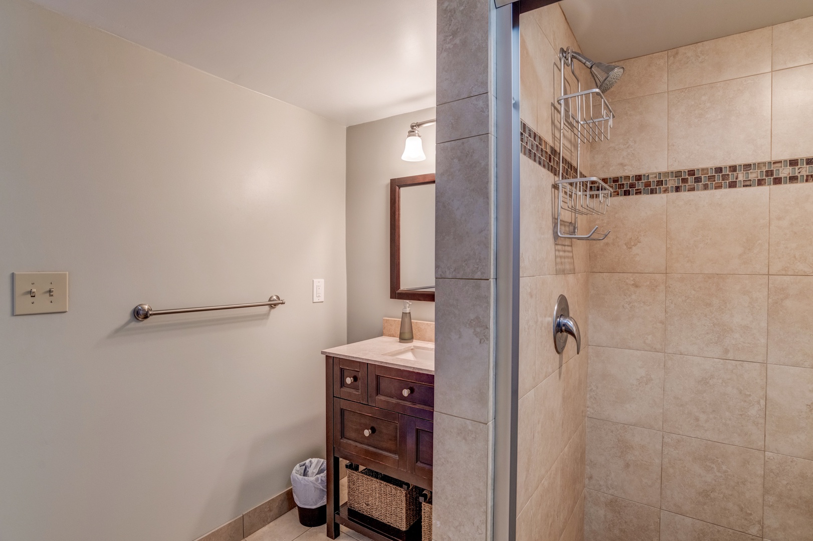 Kihei Vacation Rentals, Koa Resort 1B - Walk-in shower with stylish tile and updated fixtures for a spa-like feel.