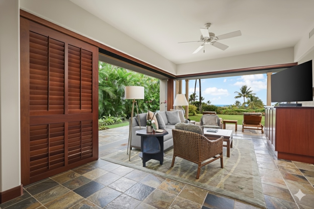 Kailua Kona Vacation Rentals, 3BD Ke Alaula Villa (210A) at Hualalai Resort - Retreat room with flat screen television, desk, plush seating and lanai.