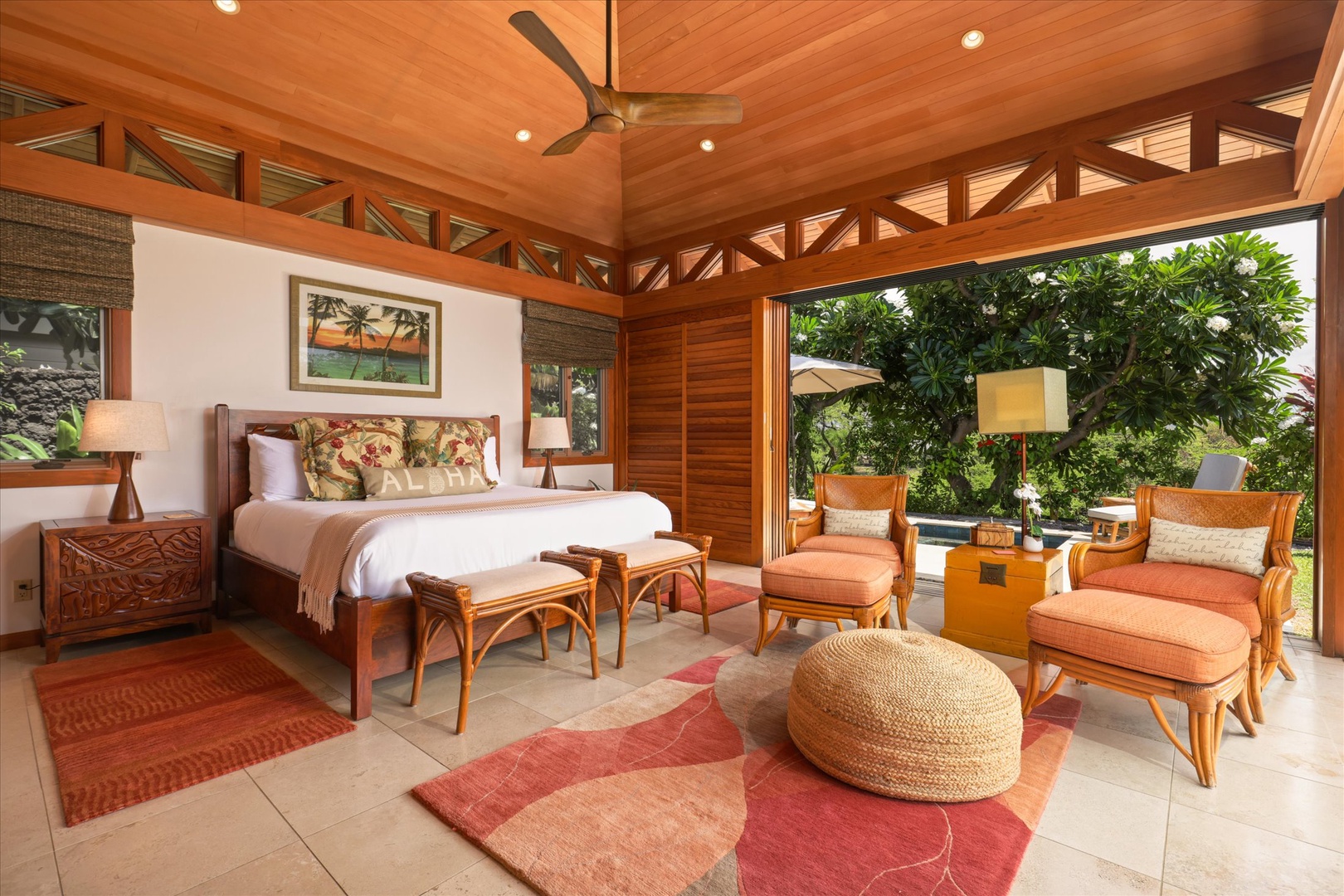 Kamuela Vacation Rentals, 3BD Na Hale 3 at Pauoa Beach Club at Mauna Lani Resort - Wake in the Primary Suite (Bedroom #1) and slide open the wall of glass to the garden.