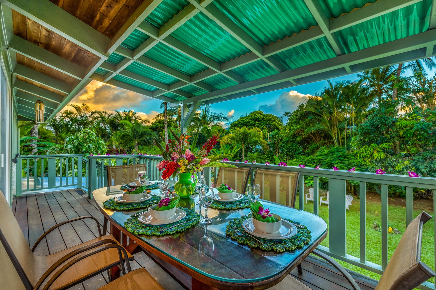 Princeville Vacation Rentals, Hale Anu Keanu - Dinner at sunset on the lanai