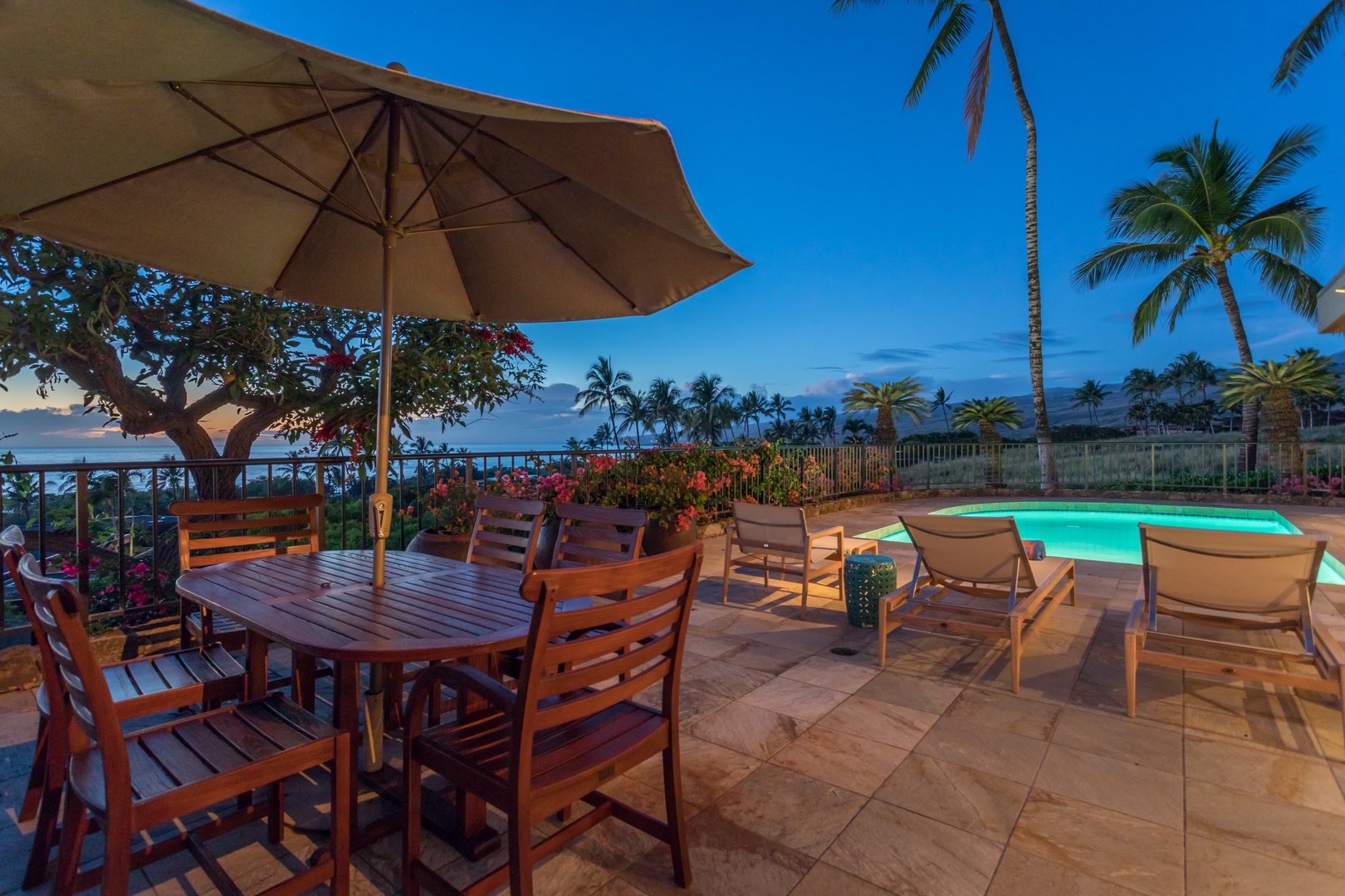 Kamuela Vacation Rentals, 4BD Villas (21) at Mauna Kea Resort - Large Outdoor Dining Set w/Umbrella Overlooking the Pacific Ocean & Kohala Coastline.