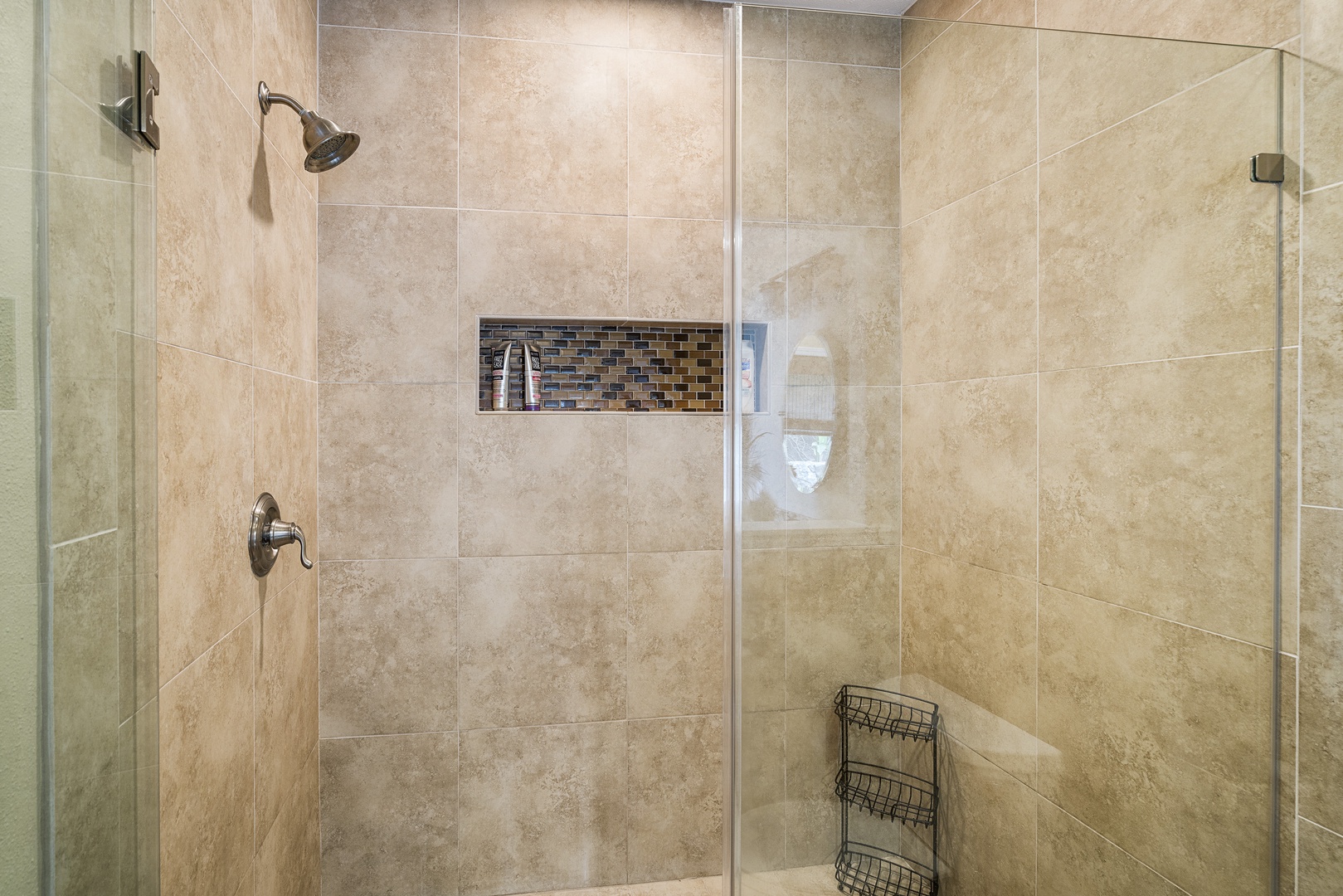 Kailua Kona Vacation Rentals, Sunset Hale - A travertine walk-in shower adds a modern, luxurious touch to your daily refresh routine.