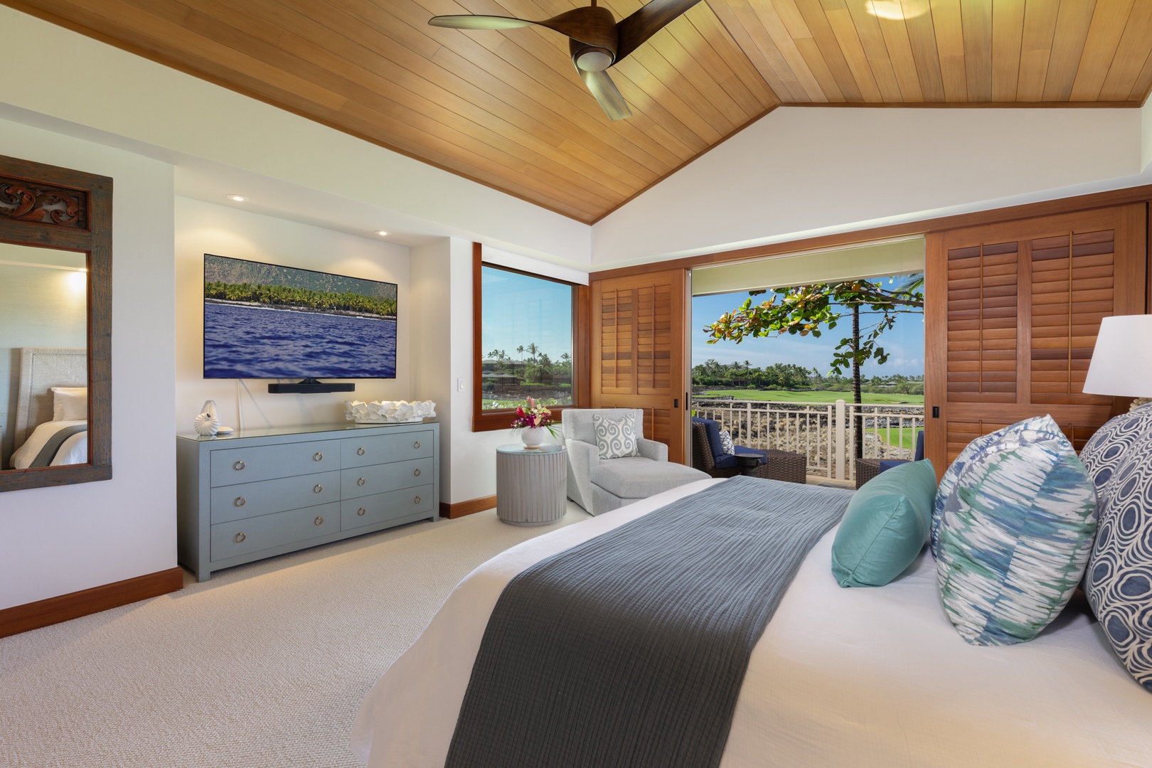 Kailua Kona Vacation Rentals, 3BD Waiulu Villa (111D) at Hualalai Resort - Wake up in your serene bedroom with stunning golf course views through floor-to-ceiling windows and tropical breezes from your ceiling fan overhead.