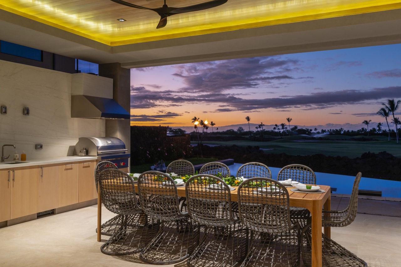 Waimea Vacation Rentals, 5BD Mauna Lani Lux Golf Estate (4) at One Ocean - Enjoy al fresco dining at its best with this elegant outdoor setting offering breathtaking sunset views.