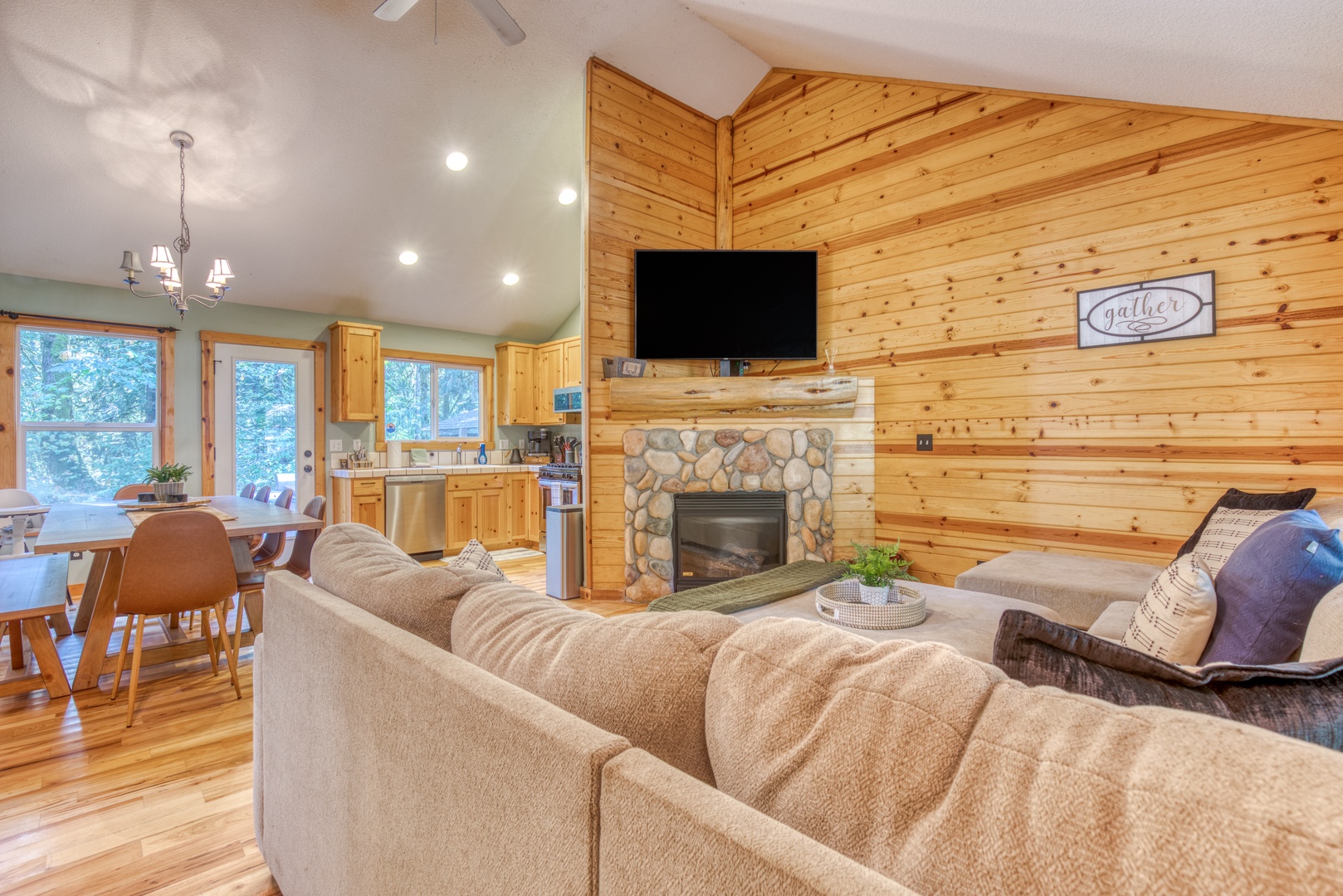Brightwood Vacation Rentals, Riverside Retreat - Get cozy on the couch next to the fire and have a movie night with your group