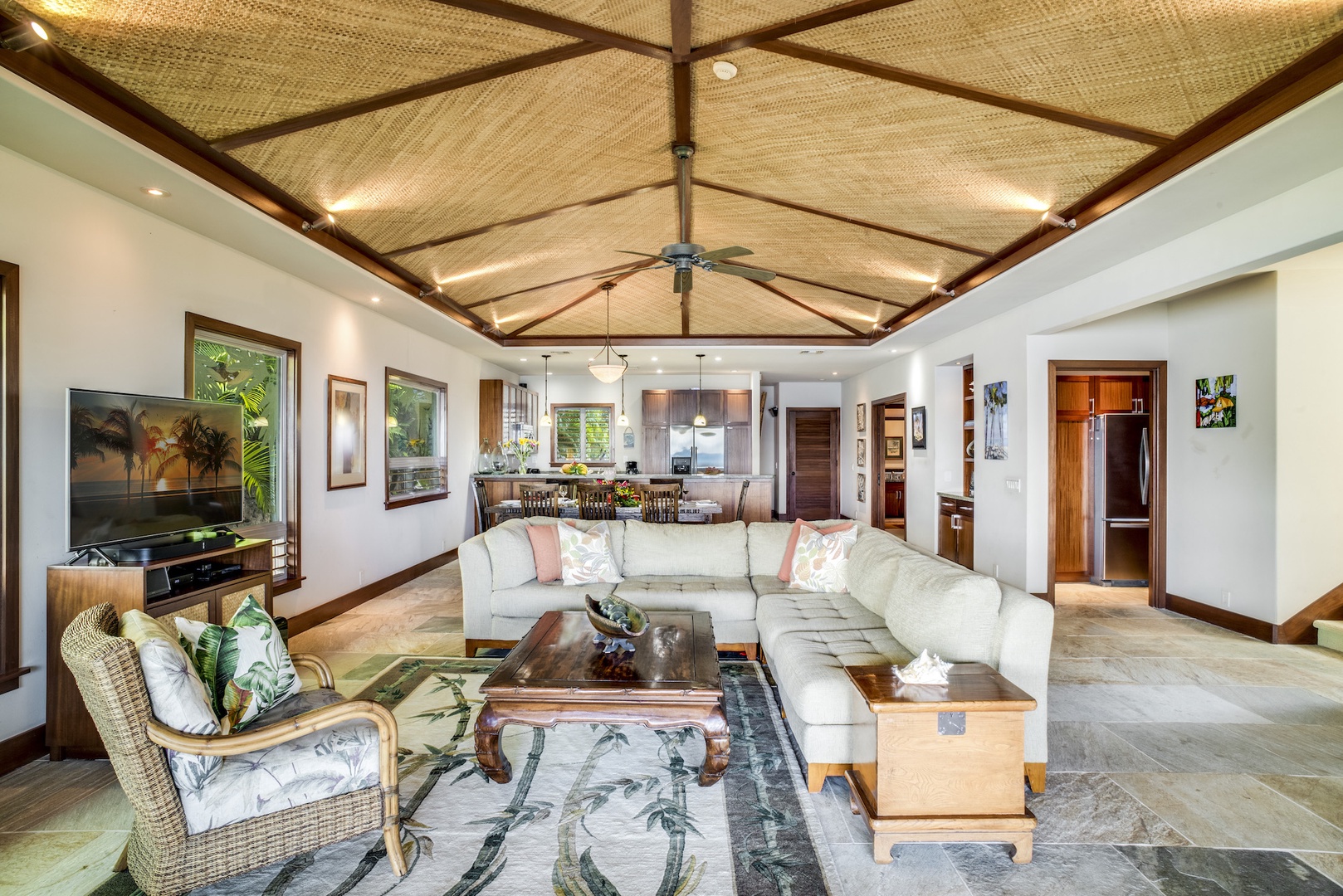 Kamuela Vacation Rentals, 3BD Estate Home at Puako Bay (10D) - The Great Room w/ Beautiful Stone Flooring, Looking Toward the Kitchen