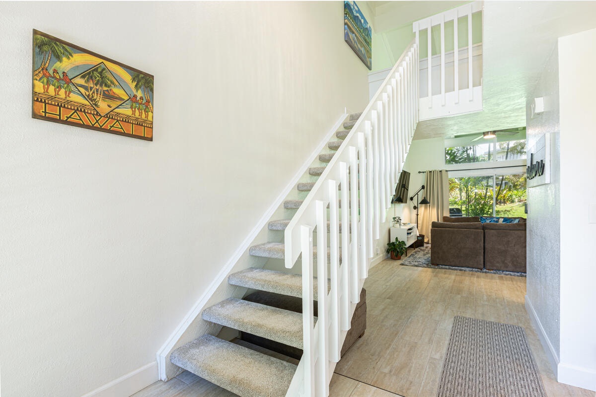 Princeville Vacation Rentals, Hale Hana Mana’o - Head upstairs after a beach day and settle into restful comfort across two light-filled levels.