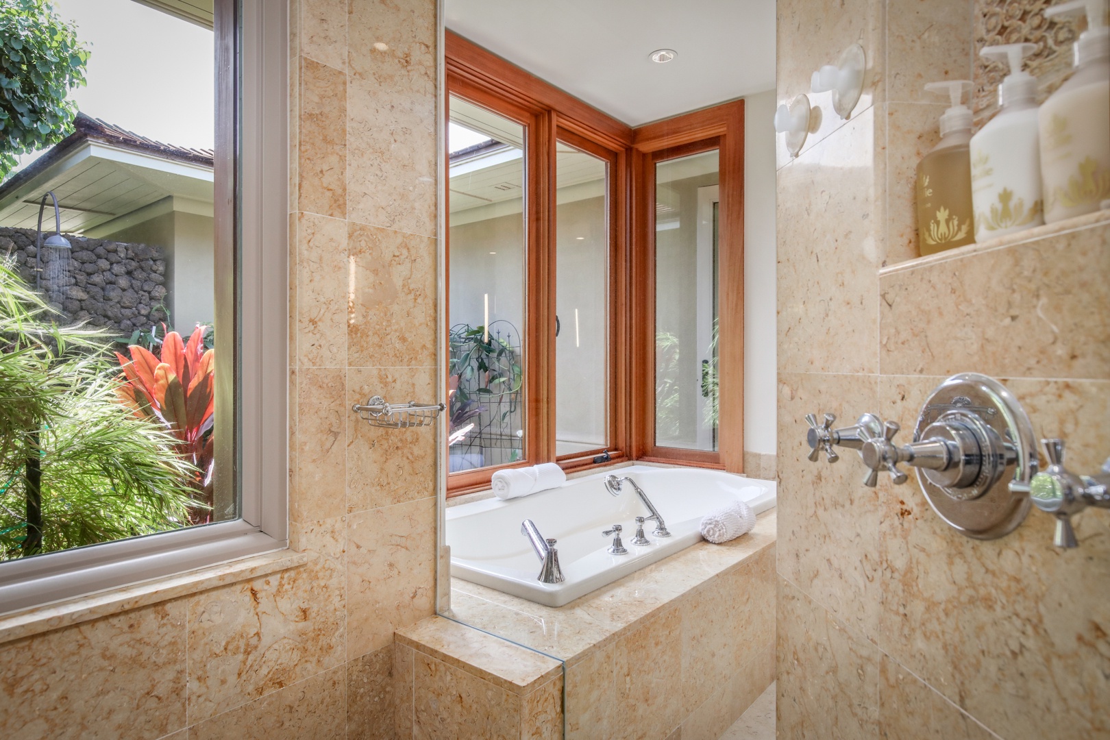 Kailua Kona Vacation Rentals, 4BD Hainoa Estate (122) at Four Seasons Resort at Hualalai - View of the primary tub from the large walk-in shower.