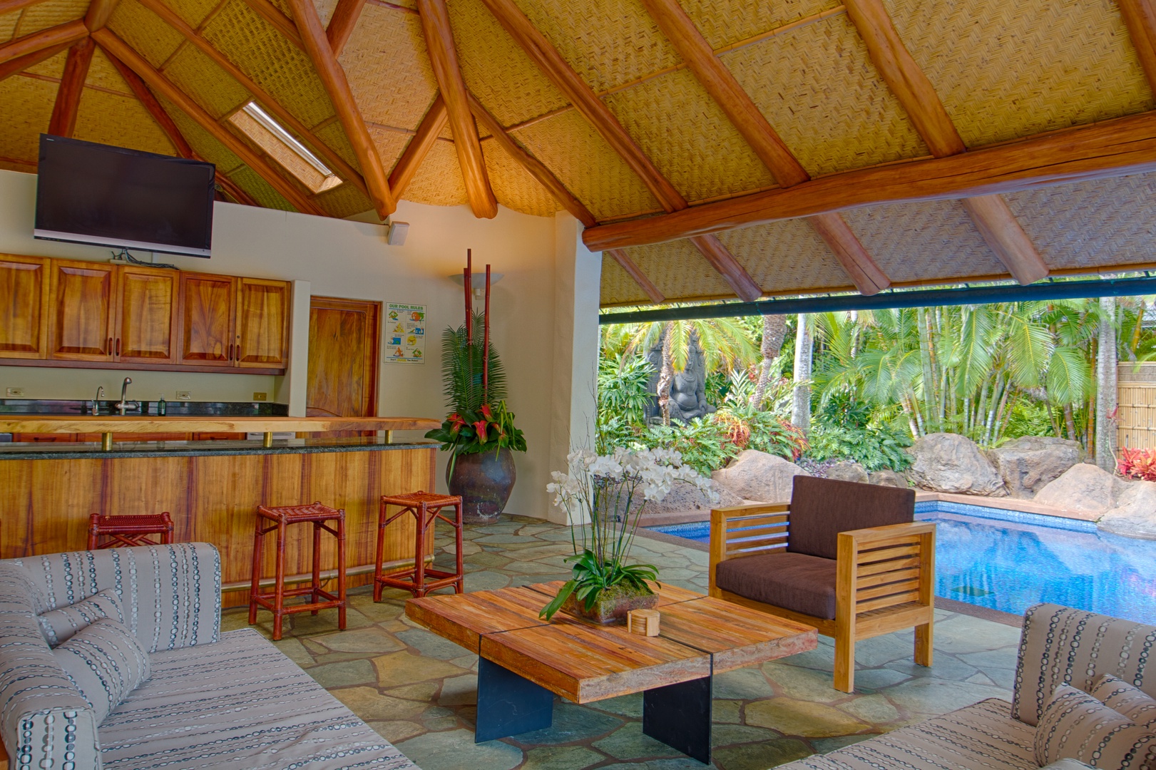 Kailua Vacation Rentals, Paul Mitchell Estate* - Pool House Bar with Big Screen TV and two full bathrooms
