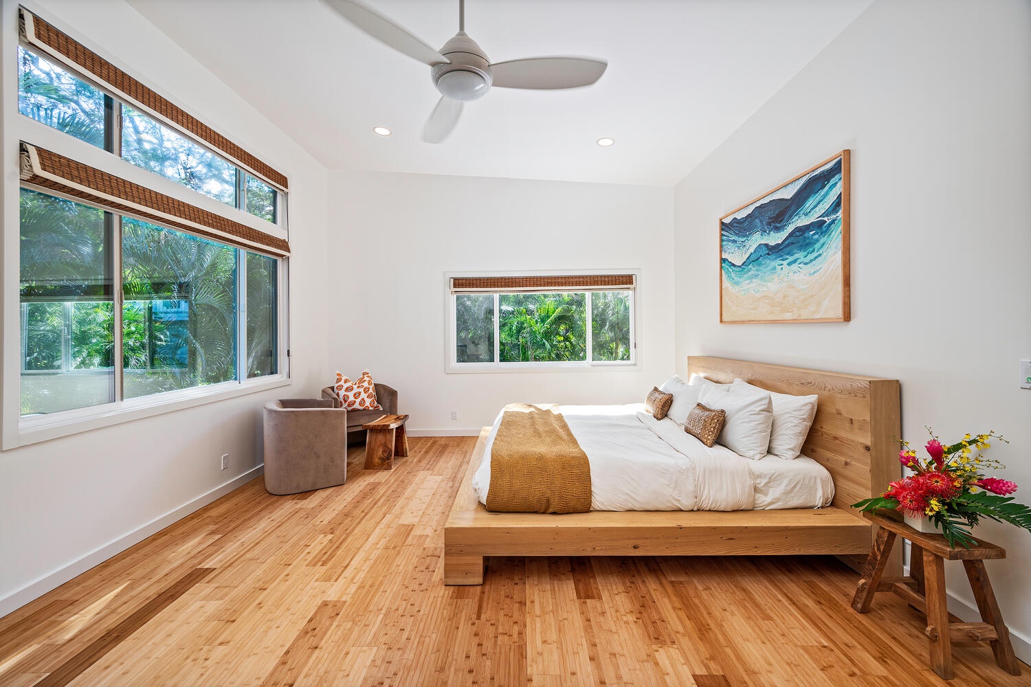 Kailua Vacation Rentals, Hale Honi La - Primary bedroom with lush tropical tree top views!