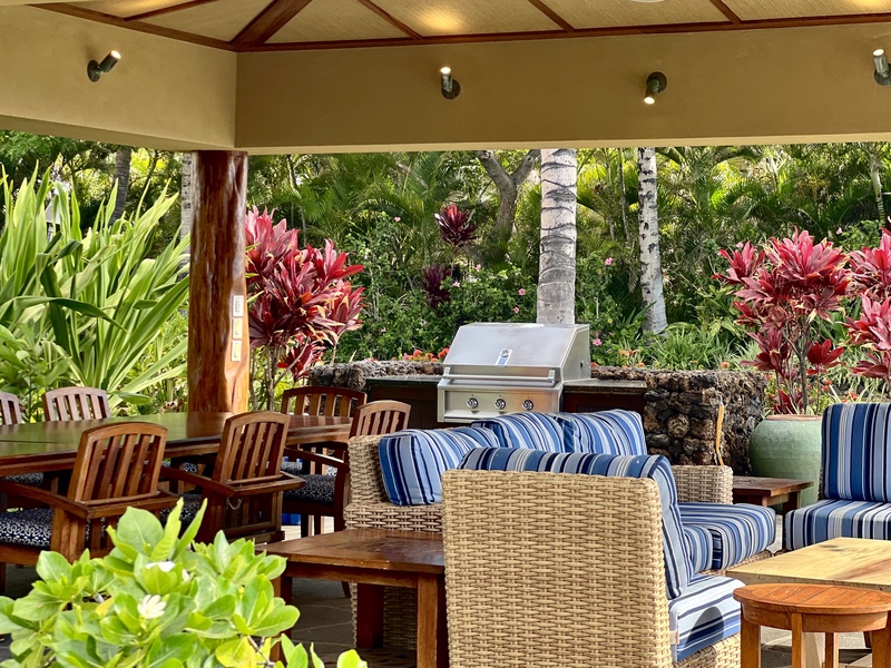 Kamuela Vacation Rentals, 6BD Mauna Lani Lux Golf Estate (5) at One Ocean - The Ocean Club Amenity Center offers a BBQ Grill and ample seating to gather, dine and relax