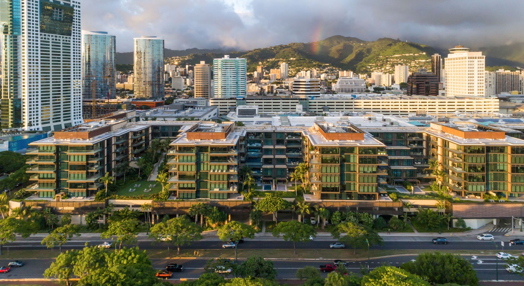 Honolulu Vacation Rentals, Park Lane Getaway - Stunning aerial view of Park Lane against Honolulu’s vibrant skyline.