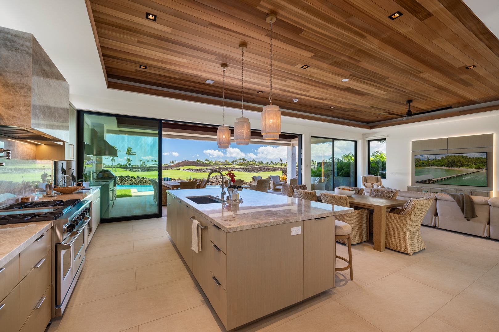 Kamuela Vacation Rentals, 6BD Mauna Lani Lux Golf Estate (5) at One Ocean - Kitchen, dining, and living share one bright open floor.