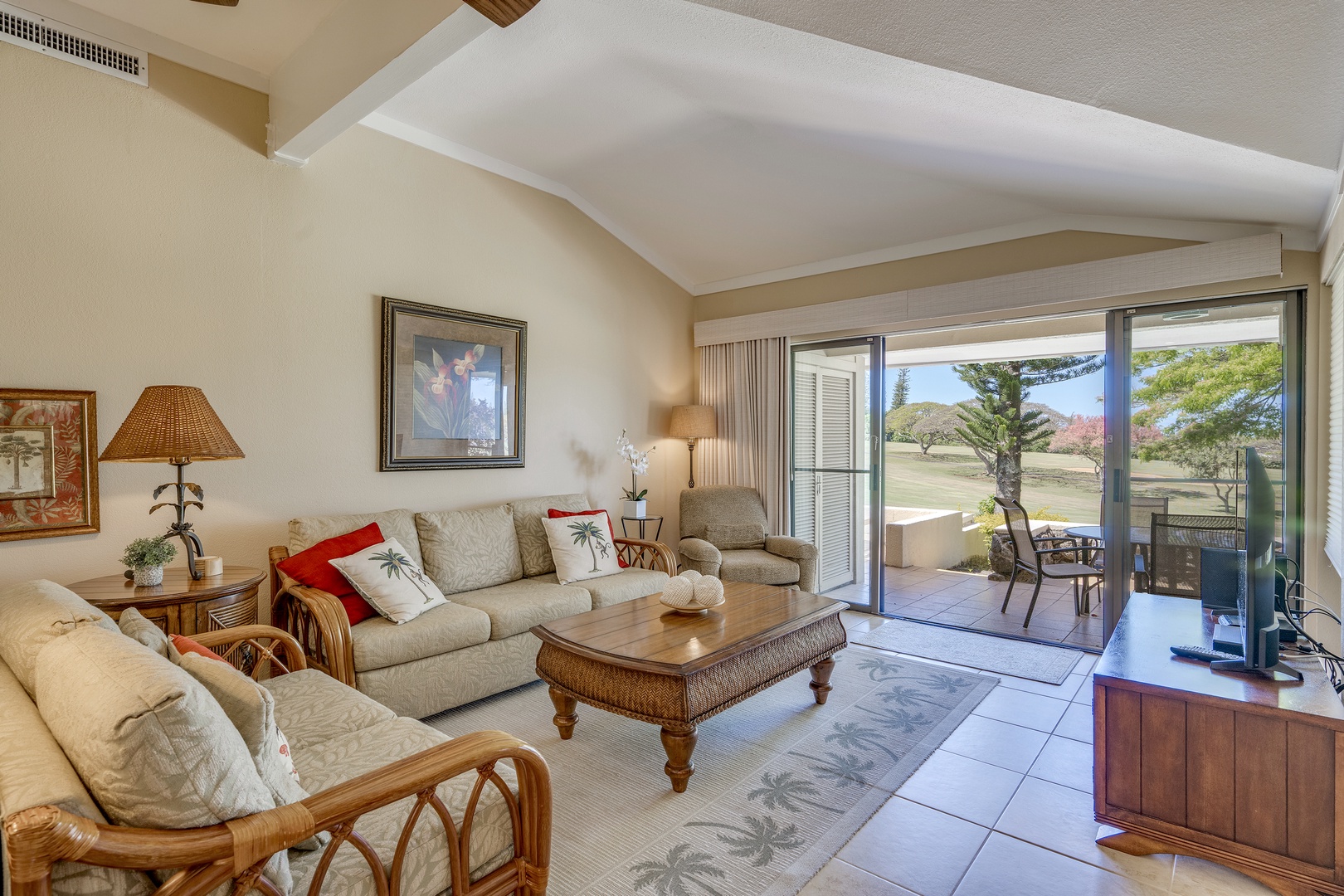 Lahaina Vacation Rentals, Kapalua Golf Villas 14P1-2 - The inviting living room features plush seating and serene views, perfect for relaxed evenings in. A sleeper sofa allows for guests number 5 & 6. A great spot for kids or young teens.