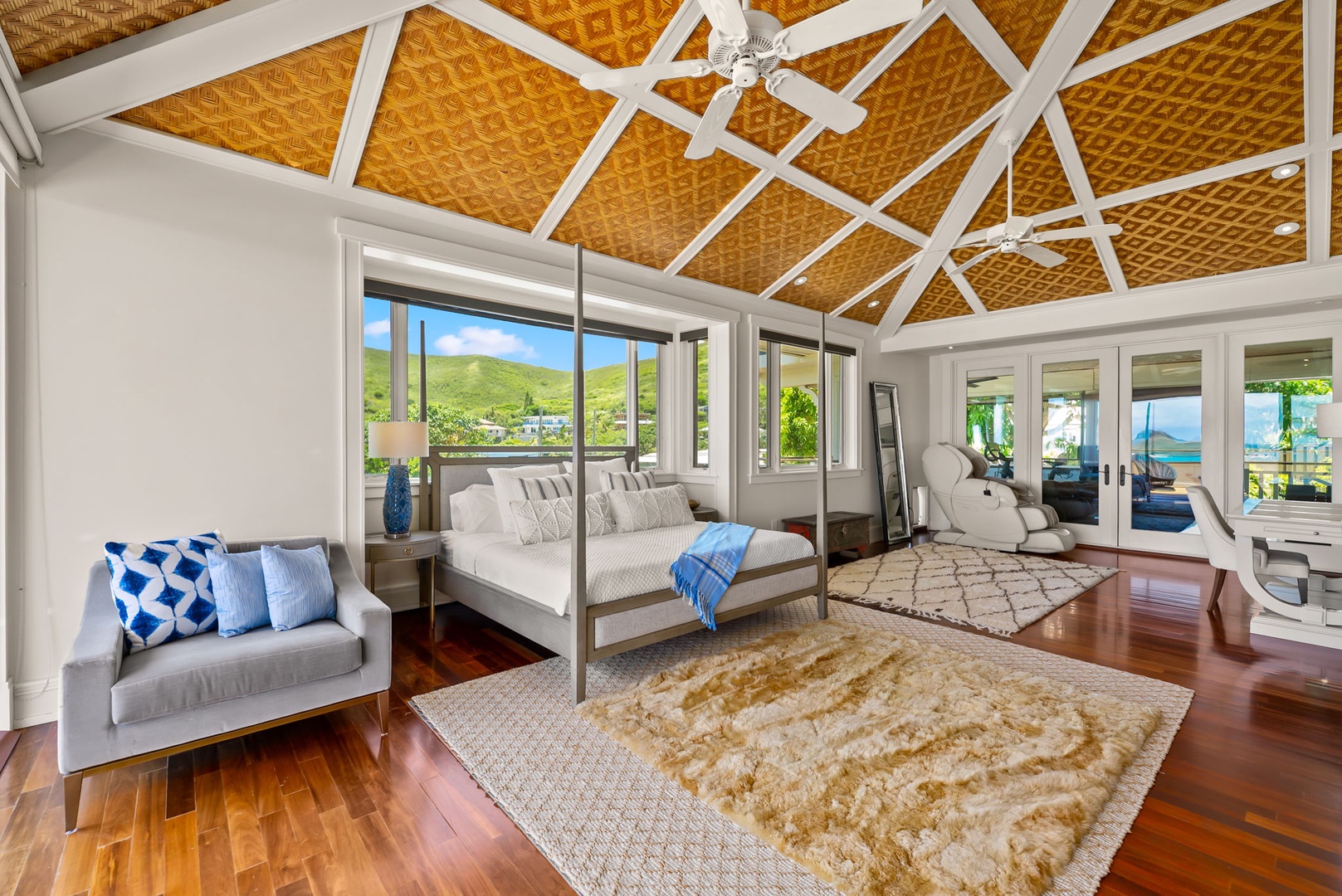 Kailua Vacation Rentals, Leaf House - Wake up in your luxurious bedroom beneath stunning woven ceilings, with windows framing lush mountain and sparkling sea views just beyond your private patio.