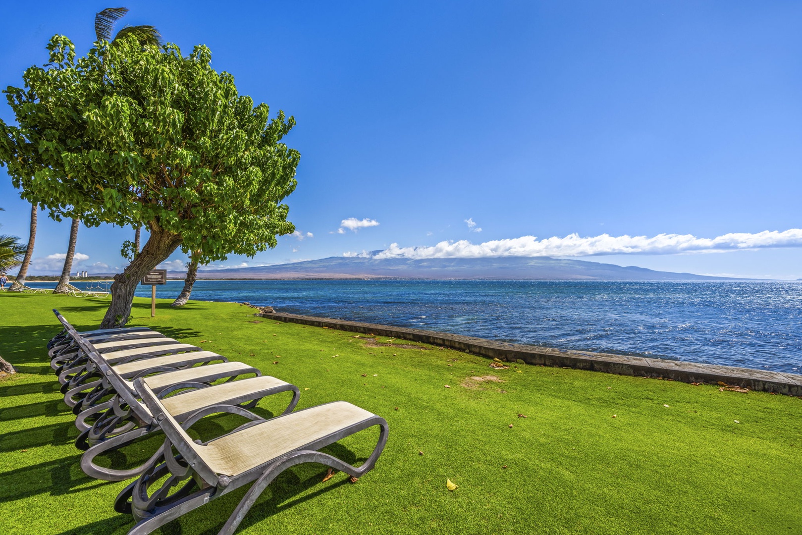 Wailuku Vacation Rentals, Milowai 310 - Chaise lounges tuck under a shade tree right at the water's edge, the mountains rising across the channel.