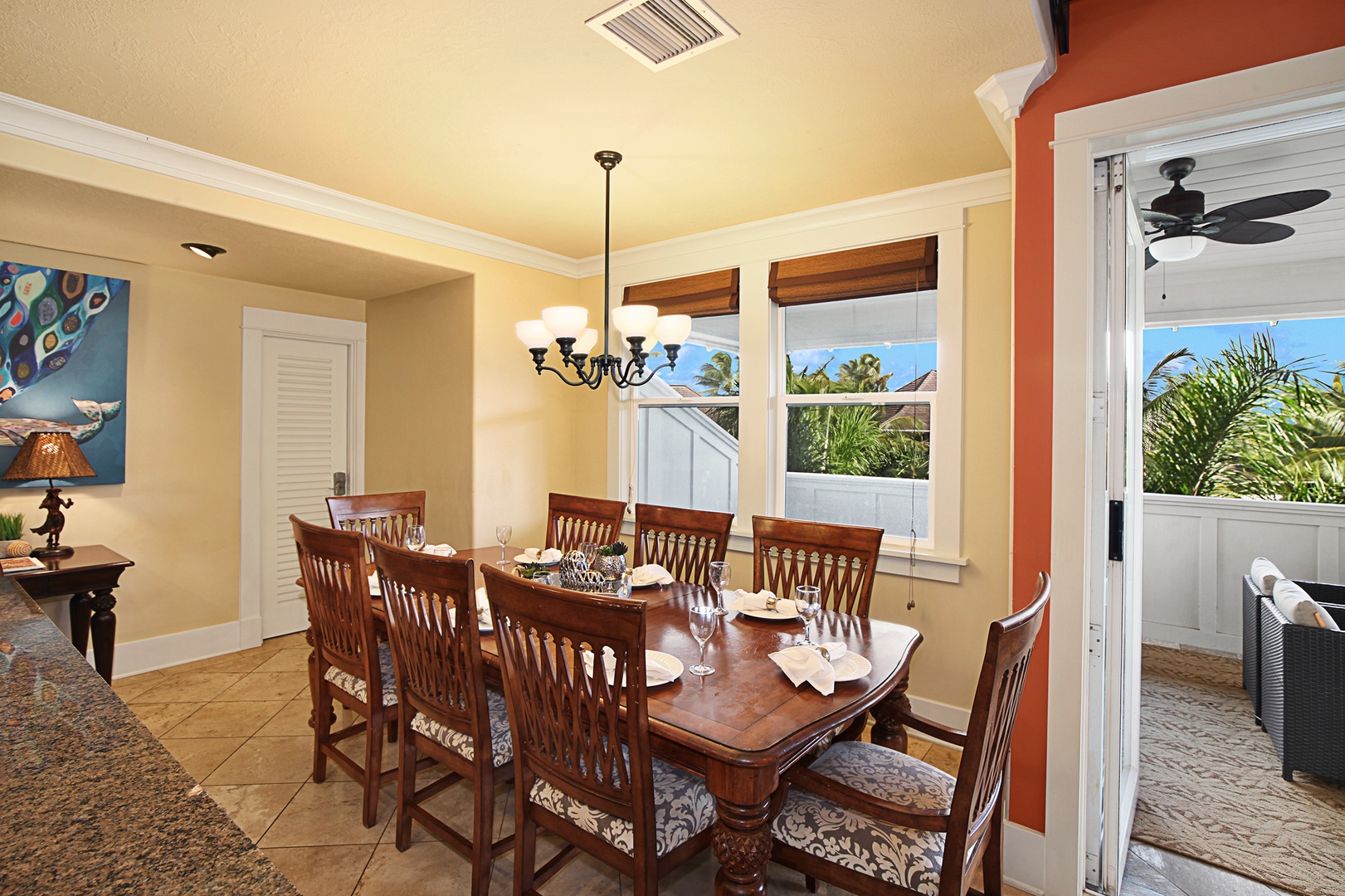 Koloa Vacation Rentals, Villas at Poipu Kai B300 - Rustic charm of the dining area with table for eight.