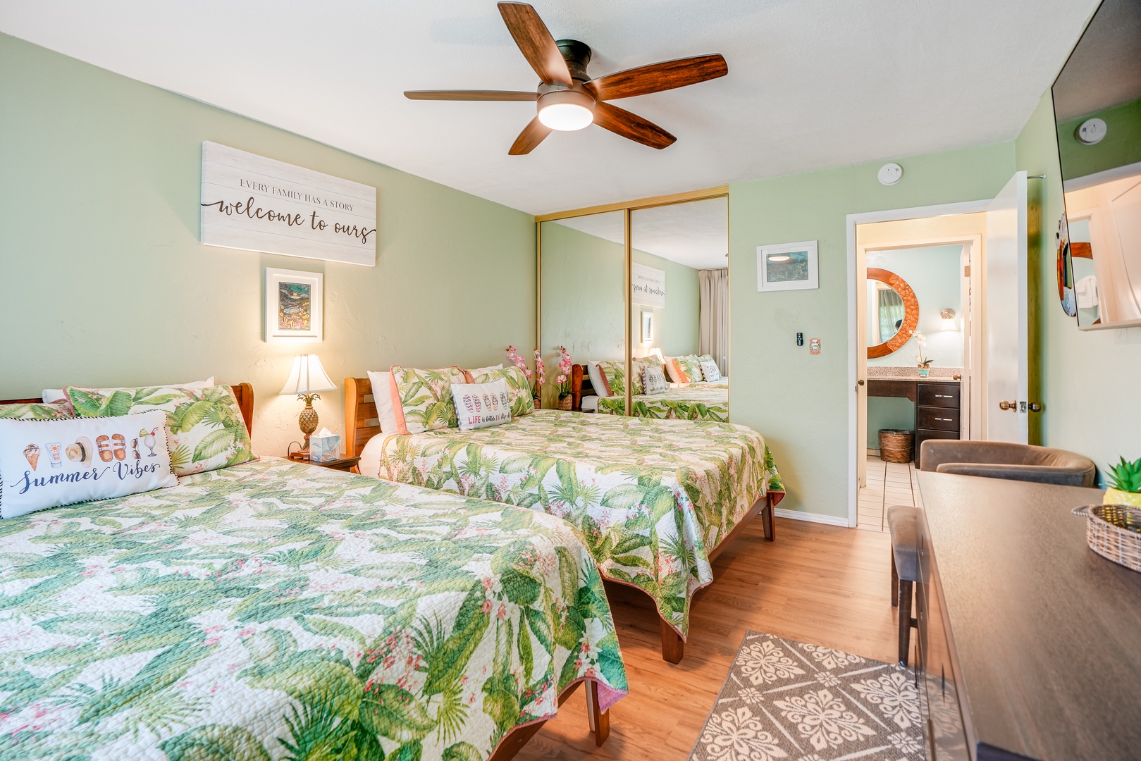 Kapaa Vacation Rentals, Nani Hale - Relax in the spacious bedroom with two plush queen beds, ceiling fan, A/C, and direct access to the lanai.