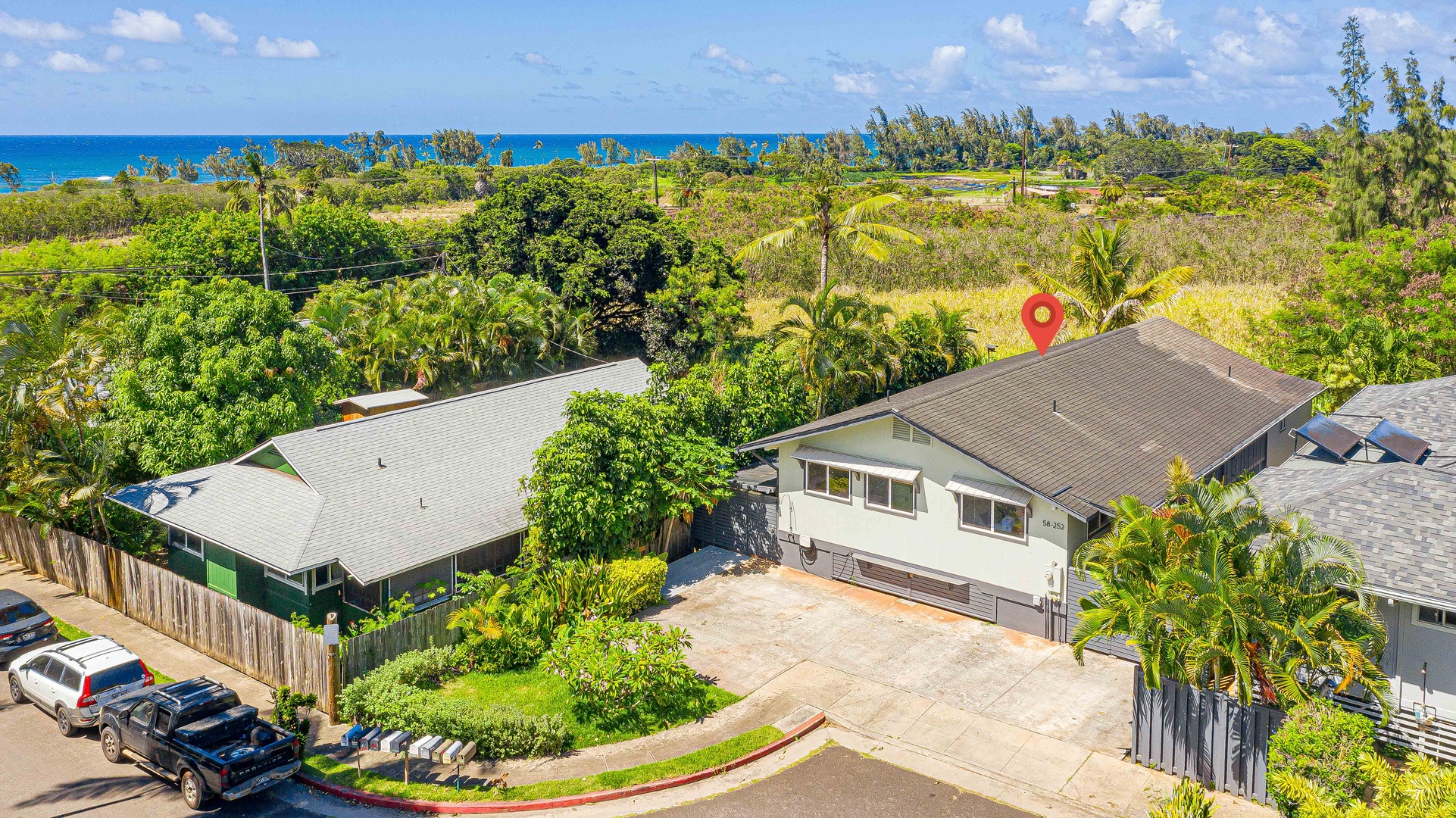 Haleiwa Vacation Rentals, Velzey Villa (3B Vacation Home) - Overhead view of the villa’s peaceful North Shore setting, minutes from the sand.