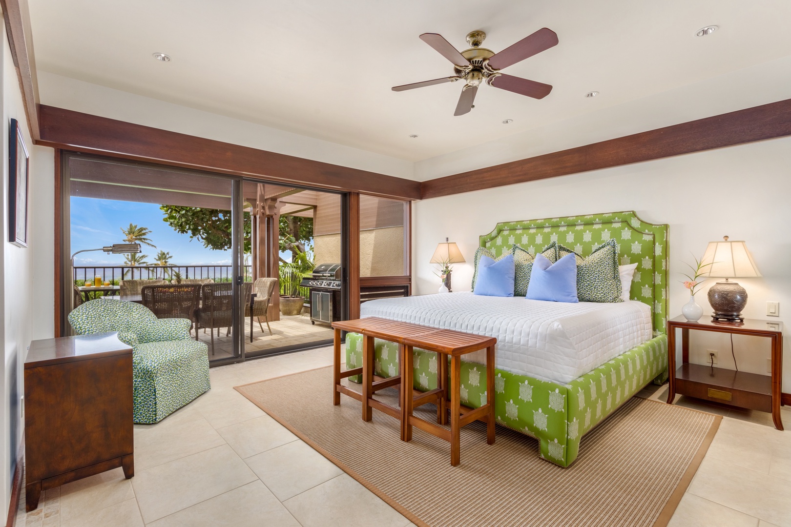 Kamuela Vacation Rentals, 3BD Villas (39) at Mauna Kea Resort - Second bedroom, with king bed, flat-screen TV, sliding glass doors to upper lanai, and ocean views.