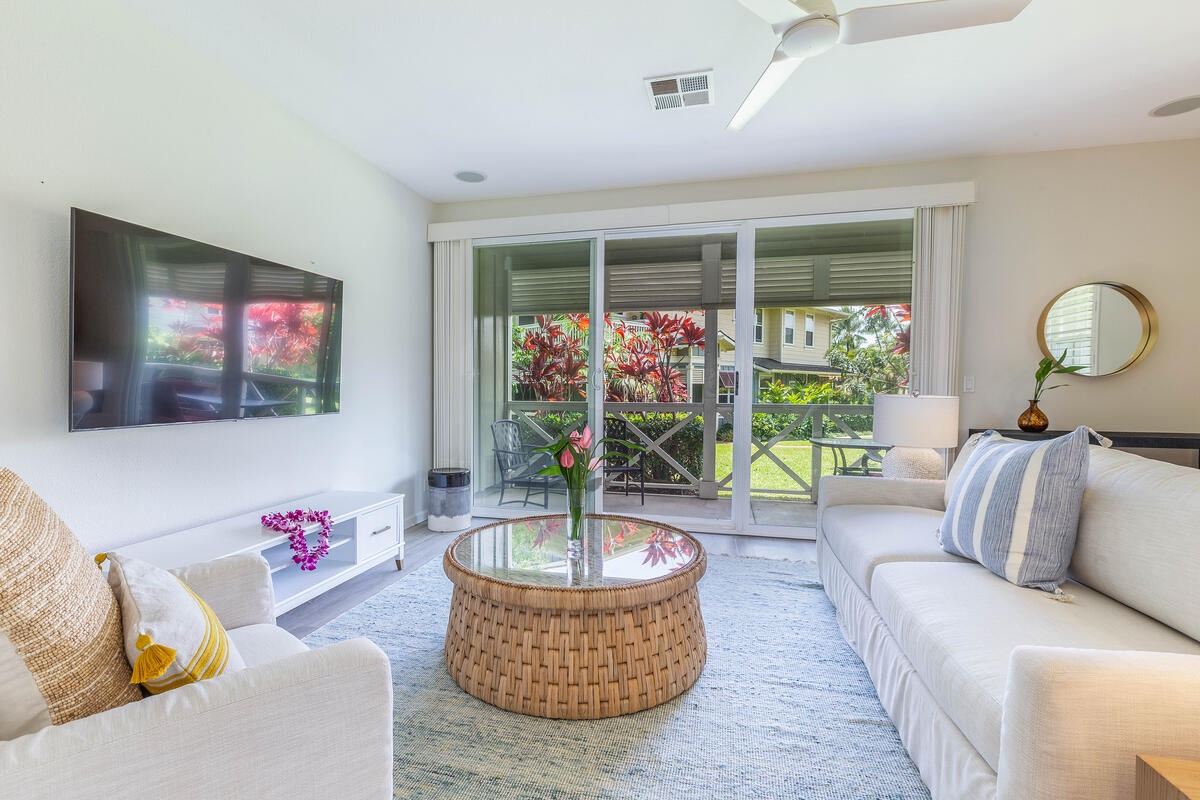 Princeville Vacation Rentals, Leilani Villa - Living Room looking out to front lanai