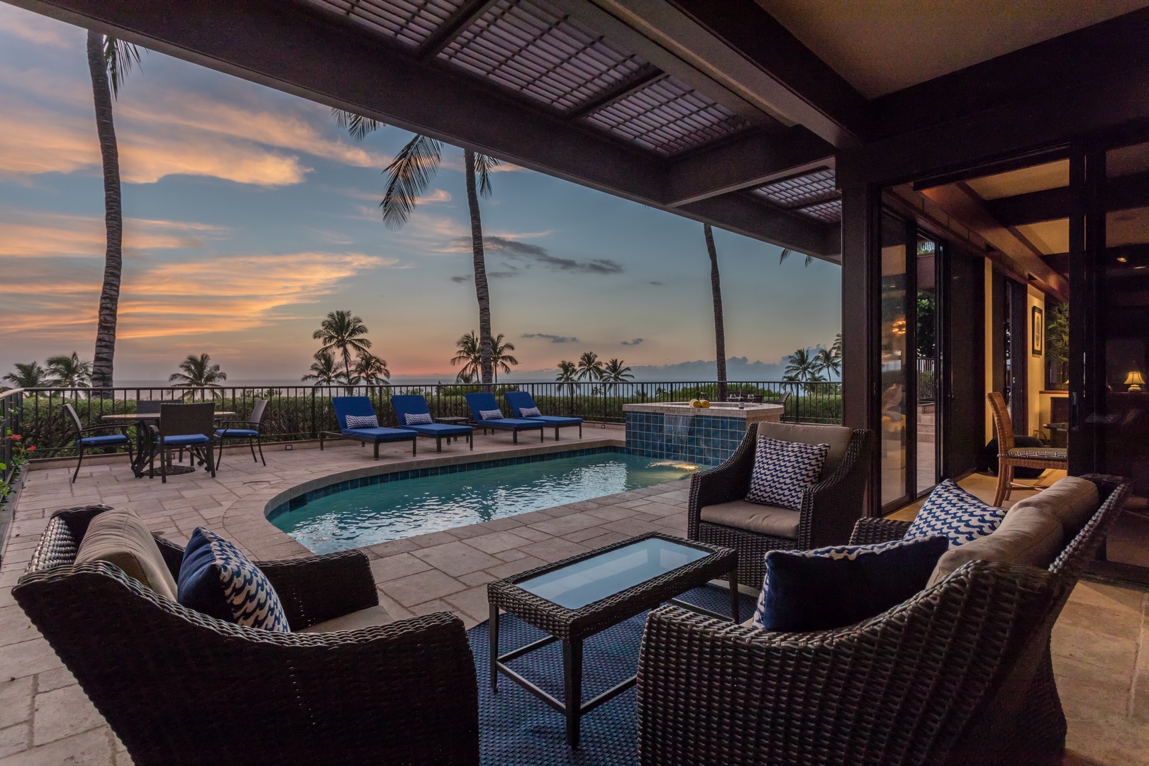 Kamuela Vacation Rentals, OFB 3BD Villas (39) at Mauna Kea Resort - Alternate view of primary deck seating at sunset.