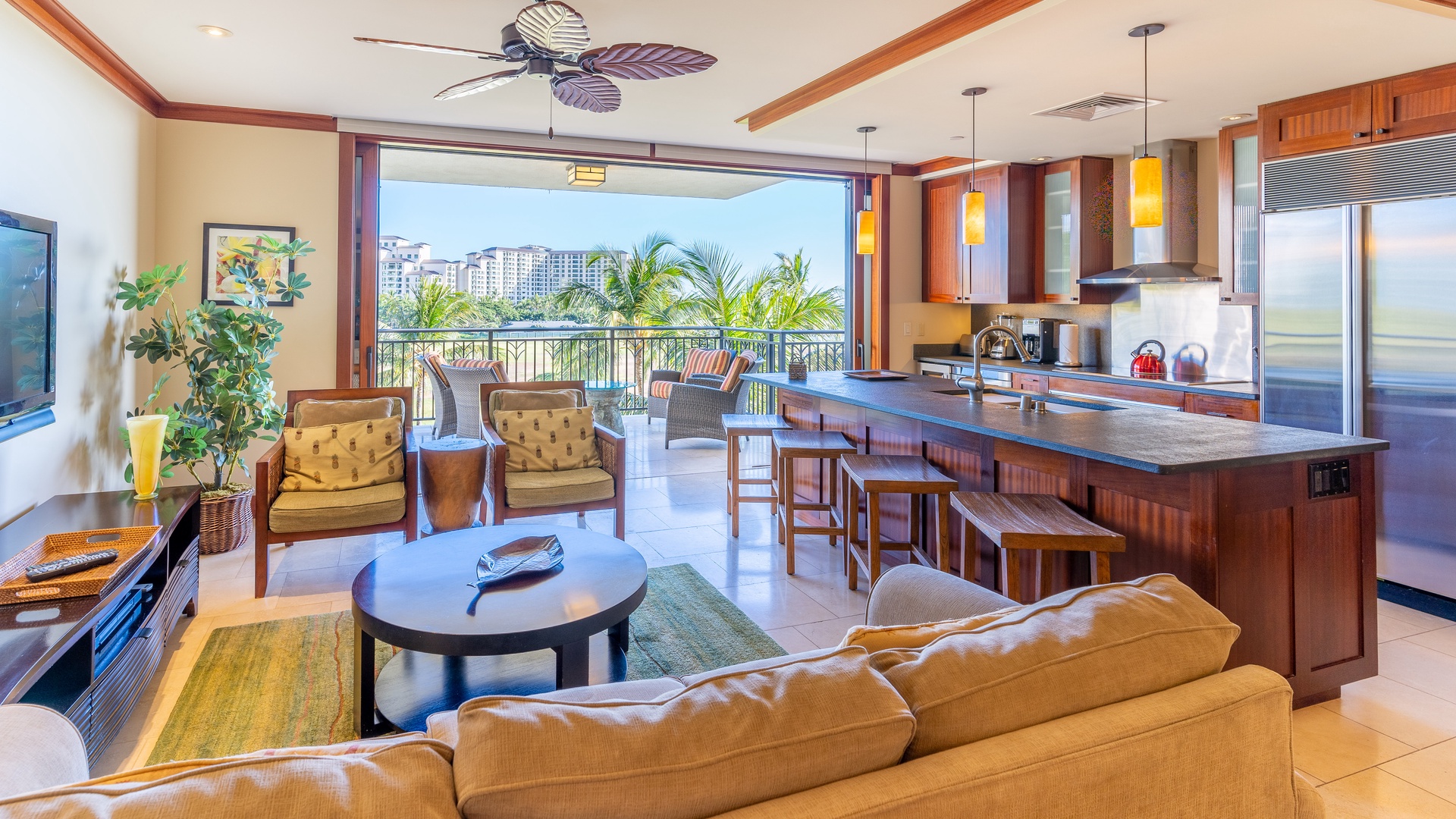 Kapolei Vacation Rentals, Ko Olina Beach Villas B505 - A view of the lanai from the entry to the Oahu Ko Olina Beach Villa.