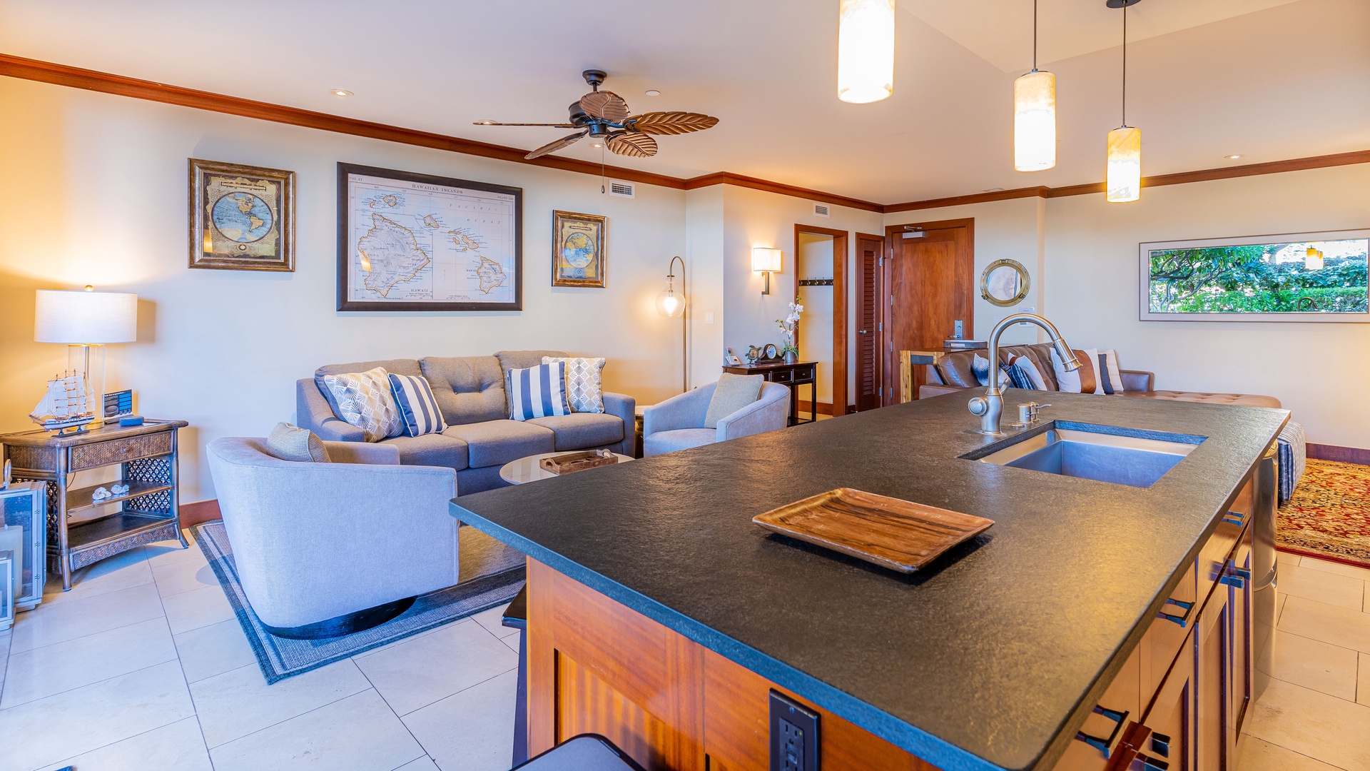 Kapolei Vacation Rentals, Ko Olina Beach Villas B102 - The spacious living area is also convenient for visiting with the chef.