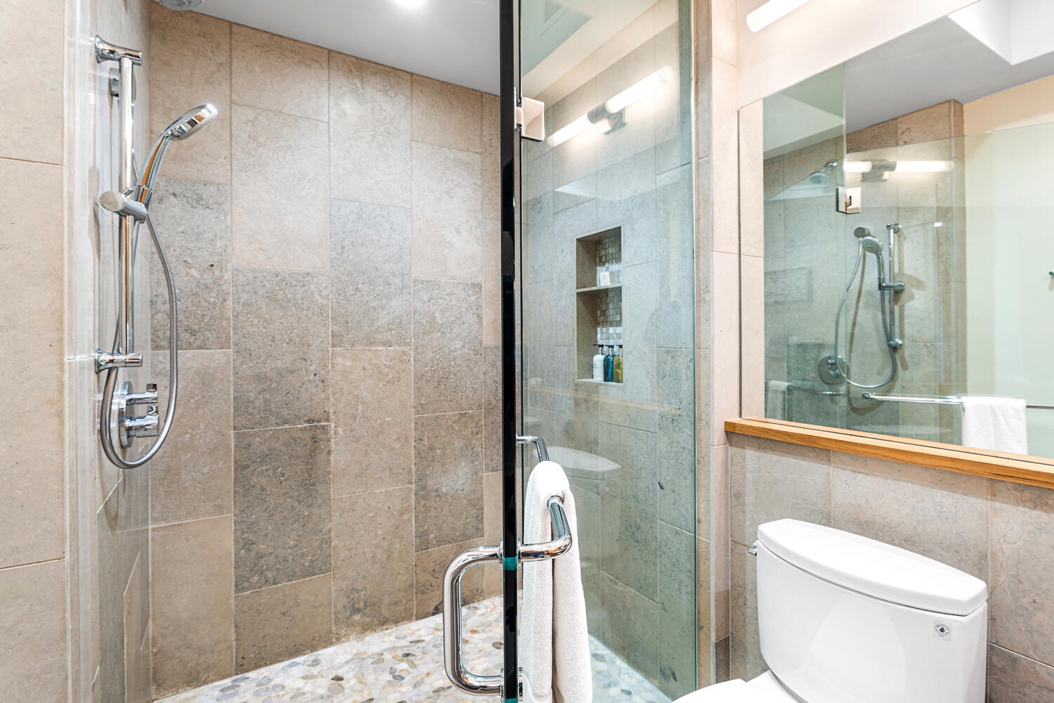 Kamuela Vacation Rentals, Laule'a Ohana Retreat - Clean and modern guest bathroom with walk-in shower and elegant tilework at Laule'a #14.