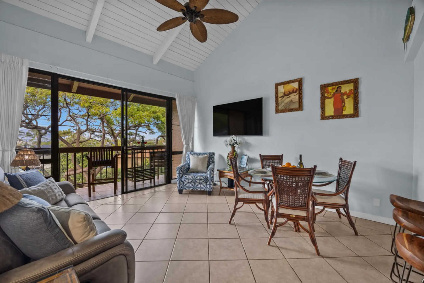 Kihei Vacation Rentals, Maui Vista 2420 - Slide the doors open and the room fills with green light off the big trees out front.