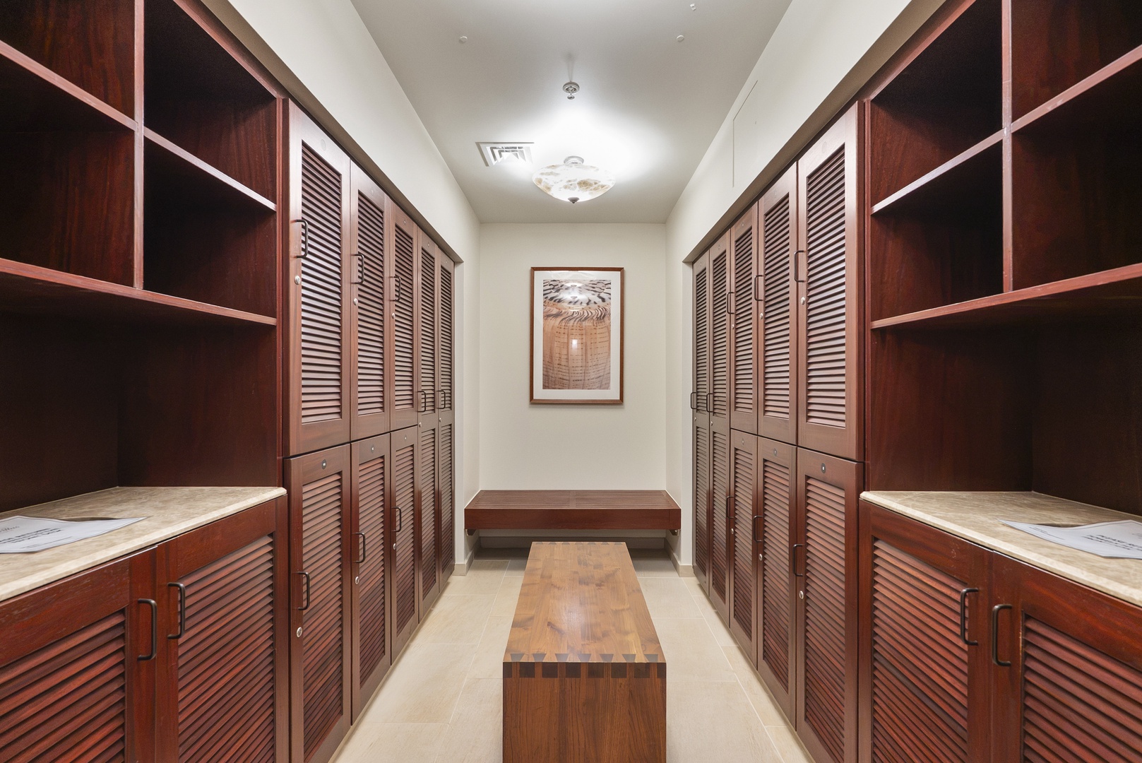 Wood lockers to stash your gear while you swim or train.