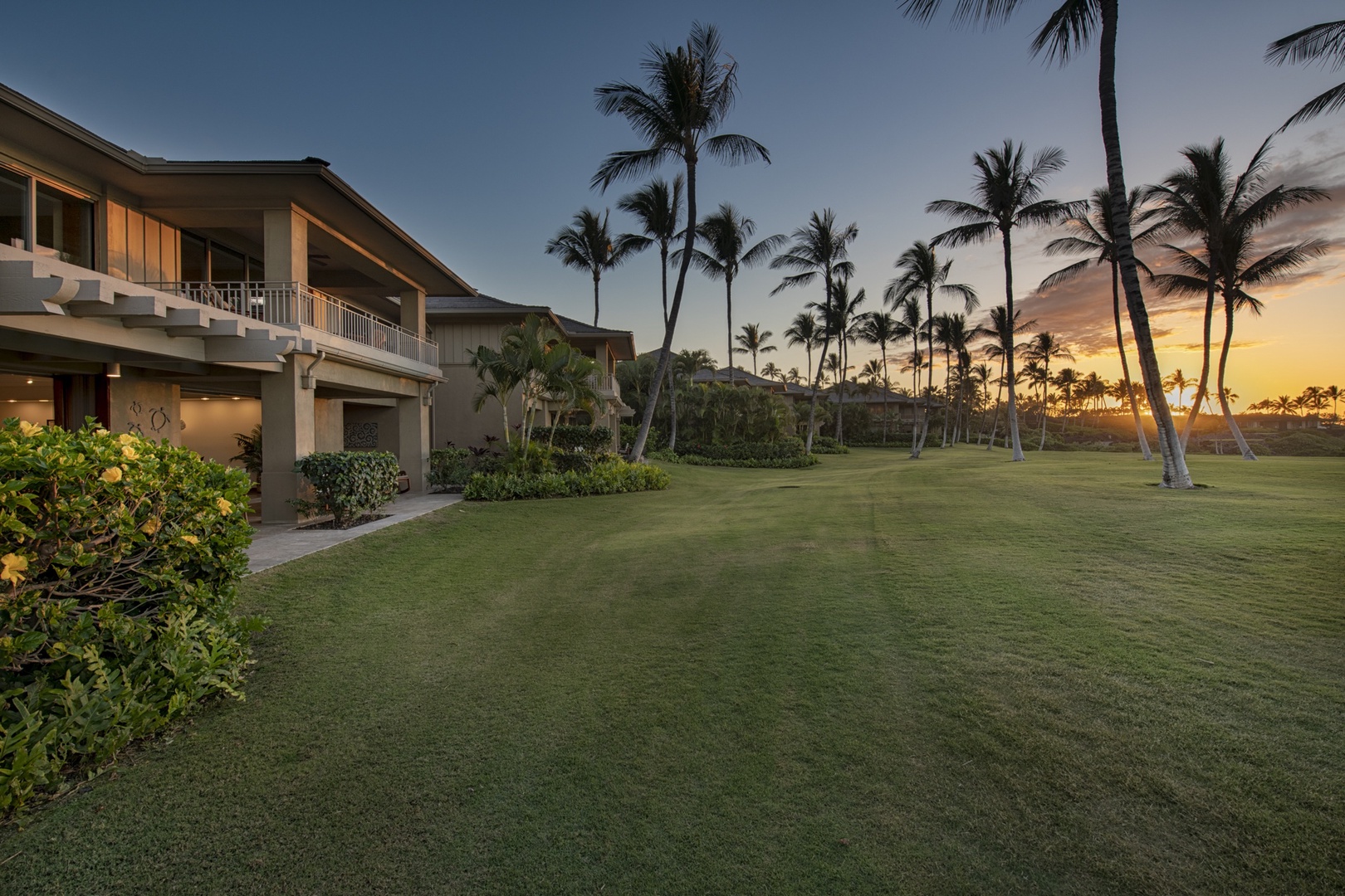Kailua Kona Vacation Rentals, 3BD Golf Villa (3101) at Hualalai Resort - The famous "front row" of the golf villas at sunset, with nothing but sprawling green between you and the ocean.