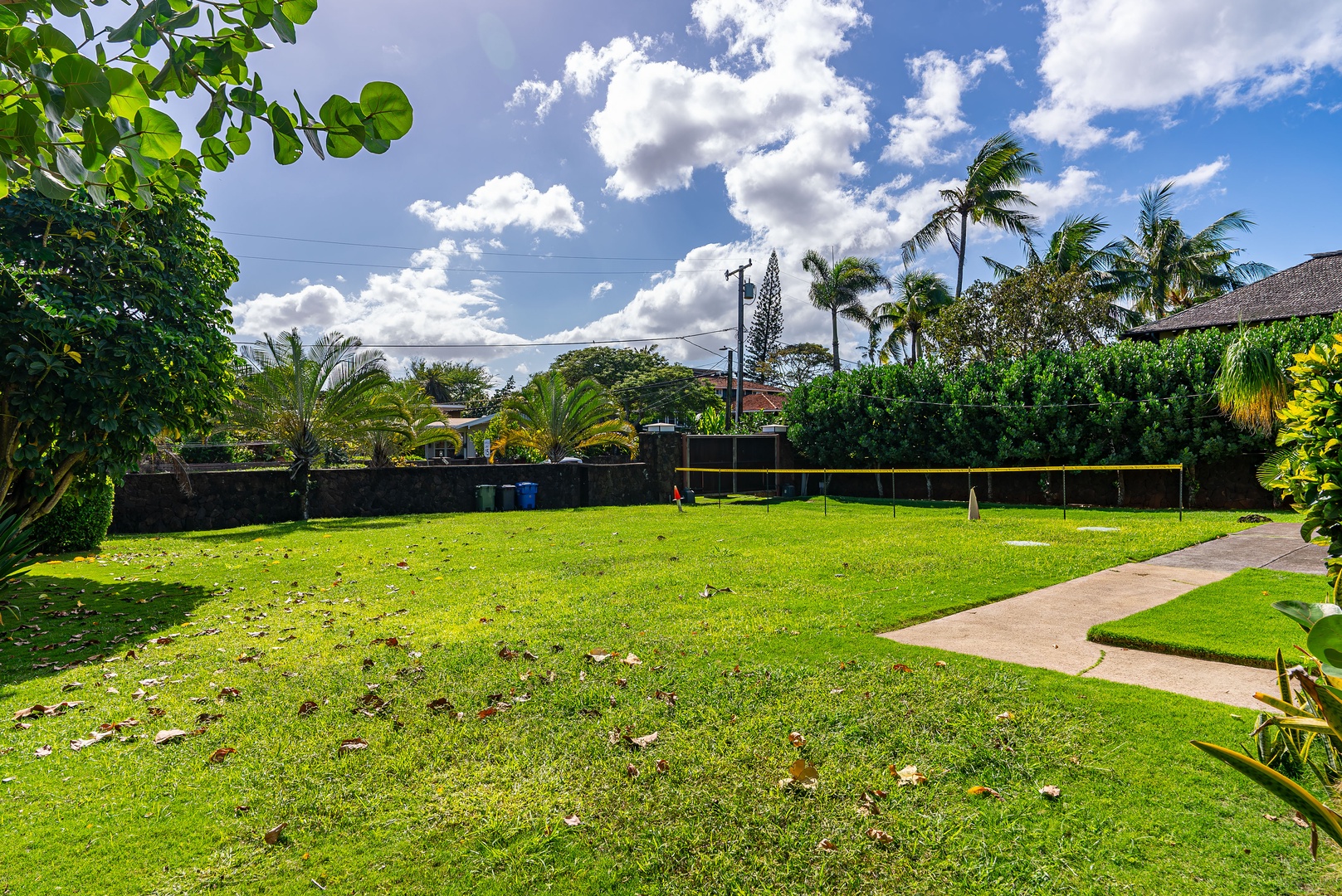 Haleiwa Vacation Rentals, North Shore Beachfront Resort - Spacious backyard with tropical greenery and open space.