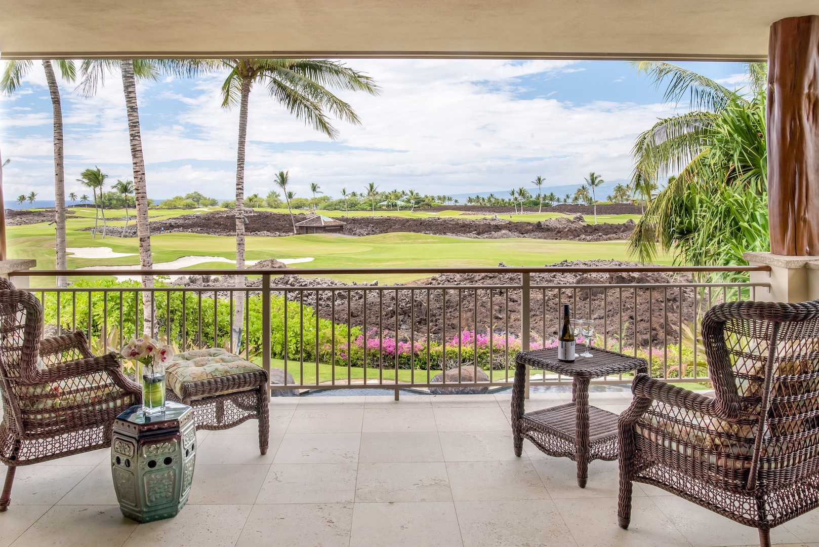 Kamuela Vacation Rentals, 3BD OneOcean (1C) at Mauna Lani Resort - Private Lanai Off Primary w/ Comfortable Seating, a Perfect Place to Relax at the Beginning or End of Each Perfect Day.