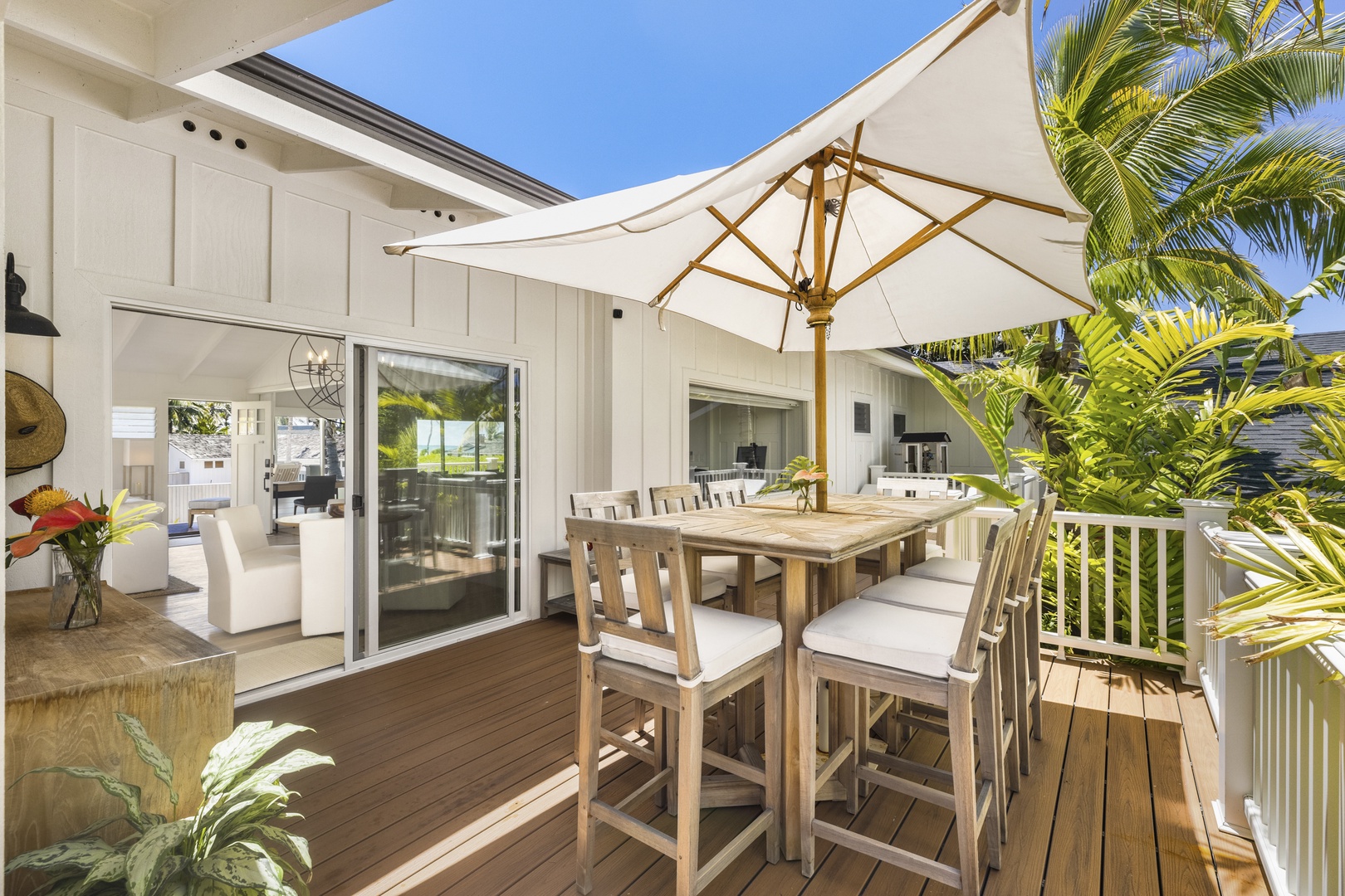 Kailua Vacation Rentals, Ranch Beach Estate - Spacious front house deck featuring a bar-height table, perfect for gatherings of eight.