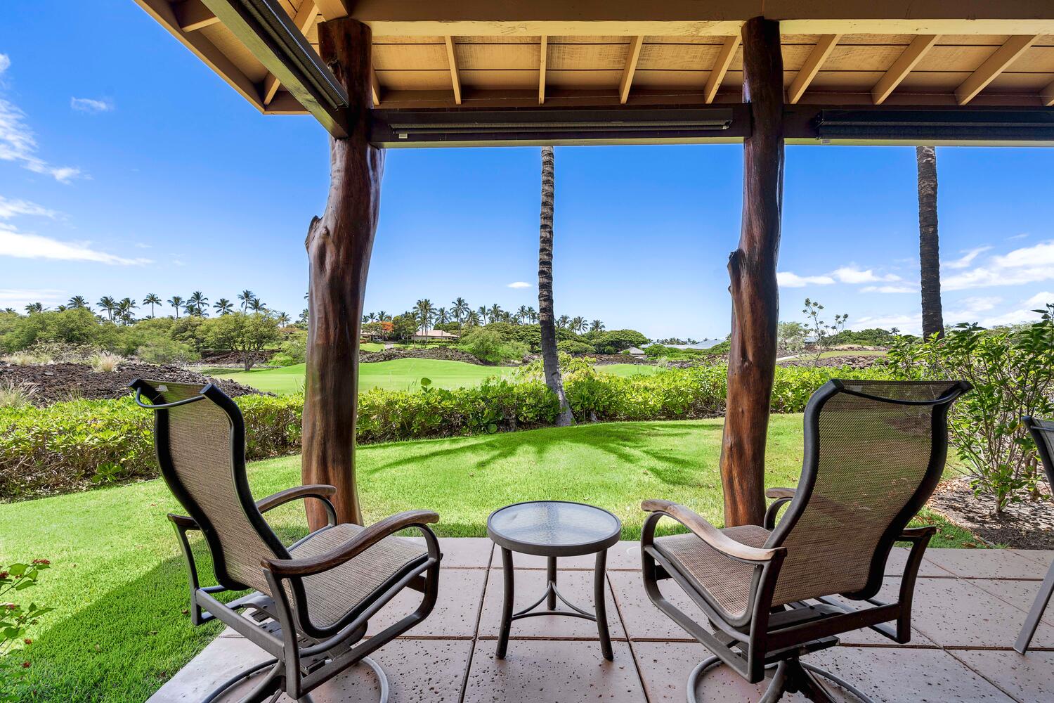 Kamuela Vacation Rentals, Mauna Lani Fairways #902 - Relax on the lanai with the view of the greens.