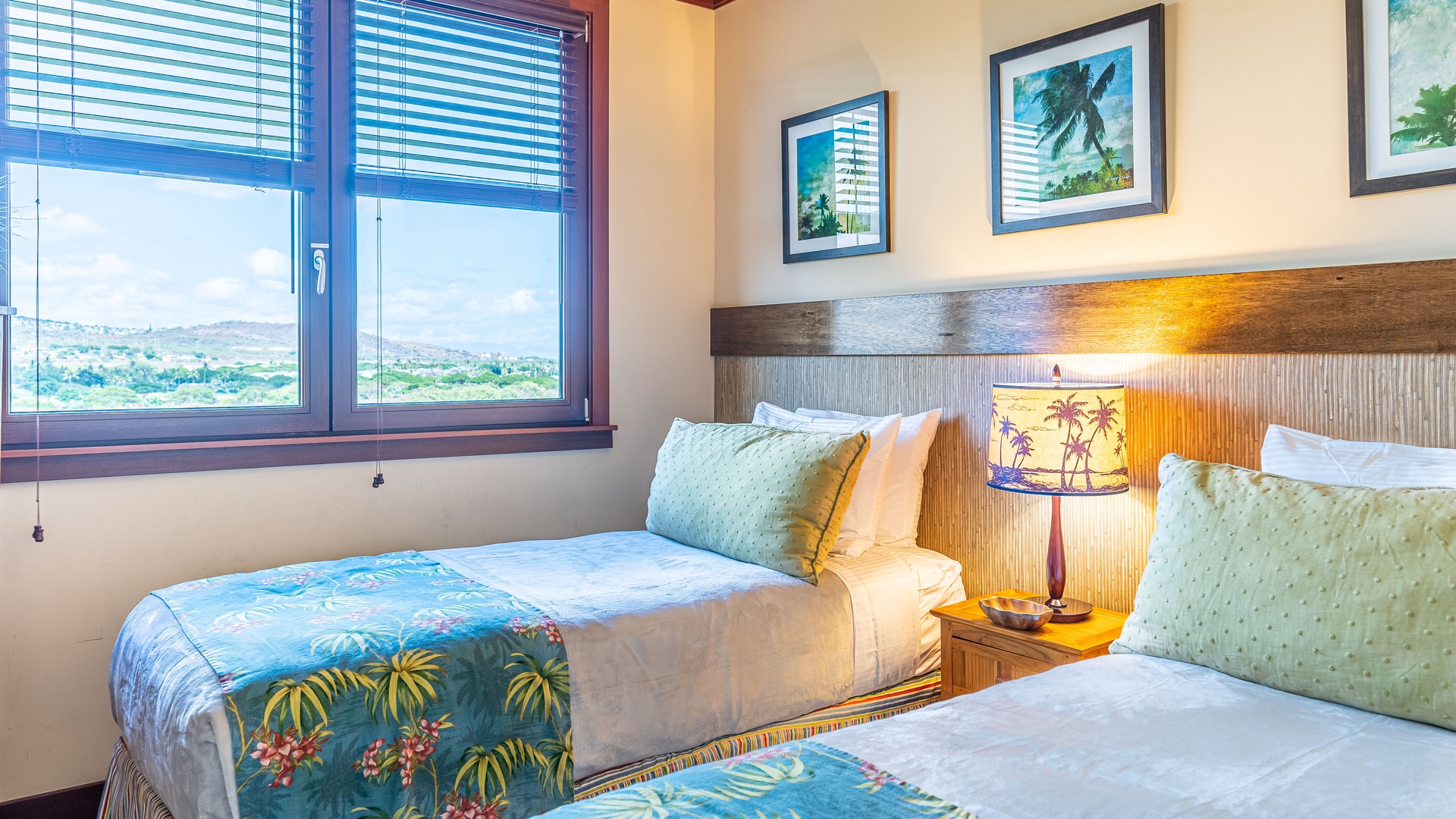 Kapolei Vacation Rentals, Ko Olina Beach Villas O704 - The second guest bedroom with twin beds and bright patterns.