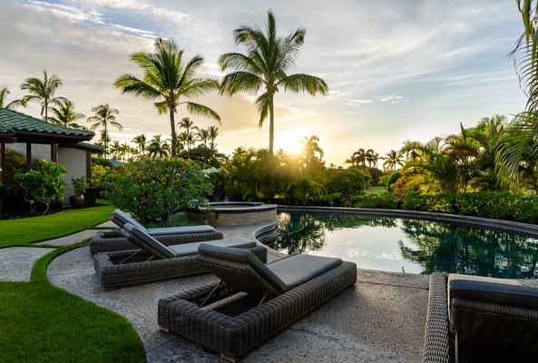 Kamuela Vacation Rentals, Canoe House & Beach Walker at Champion Ridge - Unwind by the pool and enjoy the serene sunset.