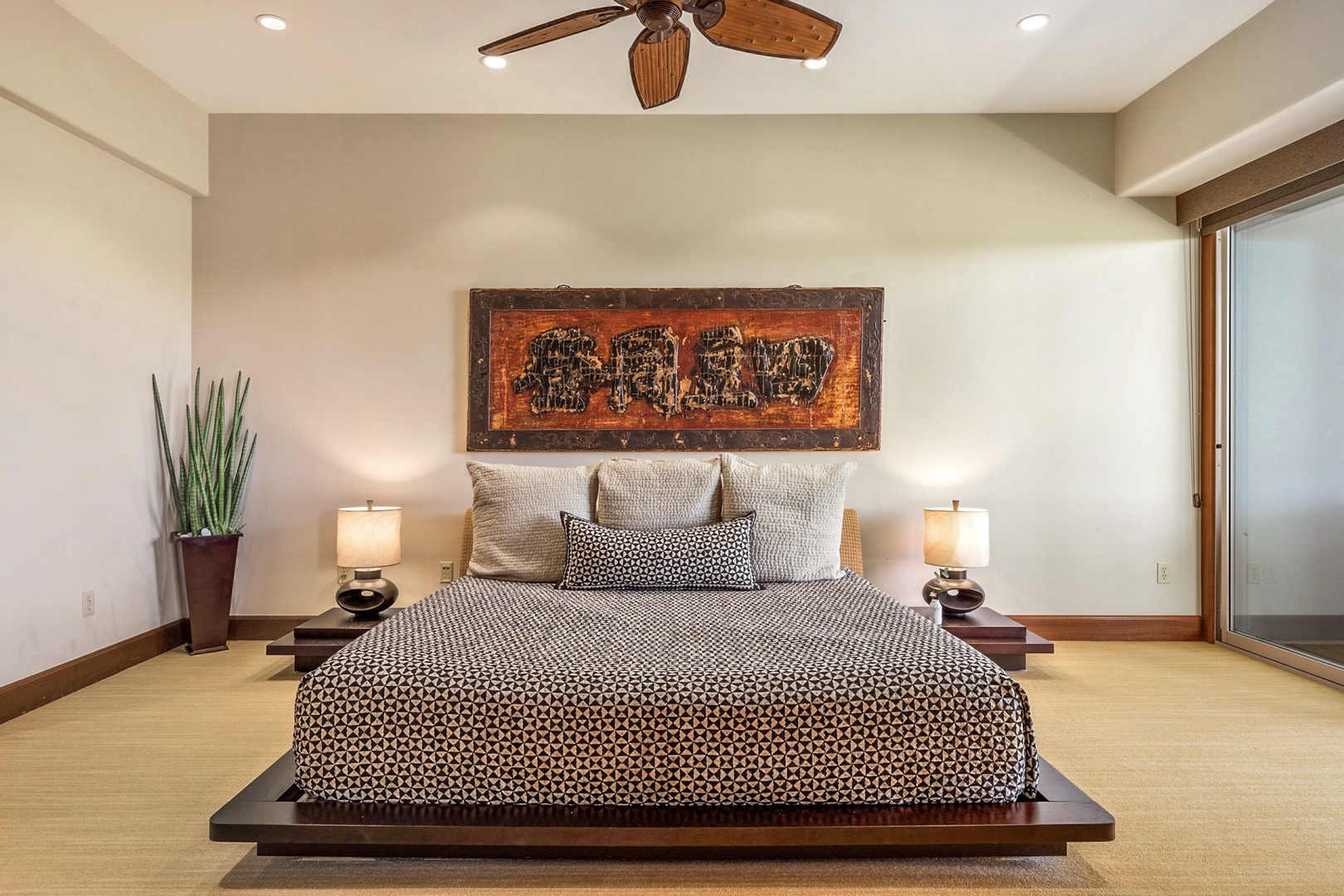 Kailua Kona Vacation Rentals, 3BD Ka'Ulu Villa (131C) at Four Seasons Resort at Hualalai - Beautifully redesigned primary bedroom with Zen-style bed, private deck, flat screen TV, walk-in closet and en-suite bath.