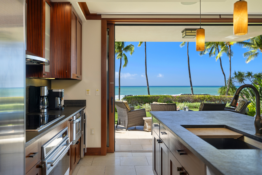 Kapolei Vacation Rentals, Ko Olina Beach Villas B109 - Kitchen with a view—enjoy culinary creations while overlooking. the scenic outdoors