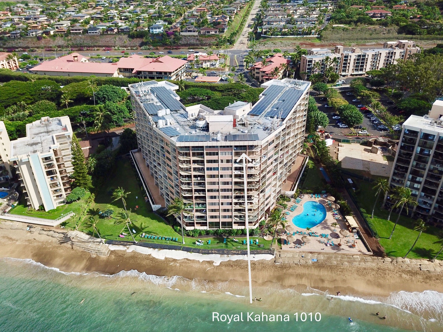 Lahaina Vacation Rentals, Royal Kahana 1010 - Aerial view of Royal Kahana 1010 with its crystal waters and sandy shoreline.