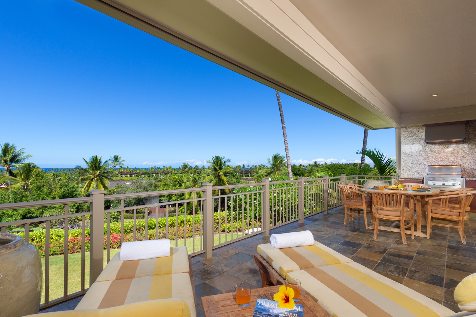 Kailua Kona Vacation Rentals, 3BD Ke Alaula Villa (210A) at Four Seasons Resort at Hualalai - View from loungers toward BBQ, perfect for grilling up freshly caught Ahi and Mahi Mahi.