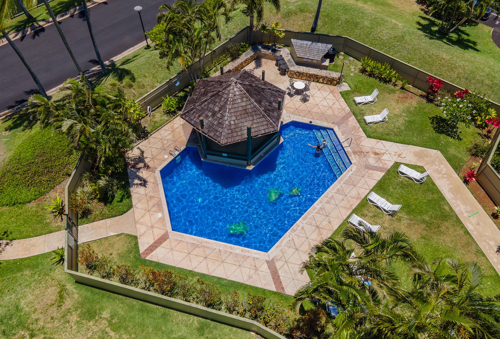 Kahuku Vacation Rentals, Pulelehua Kuilima Estates West #142 - Aerial shot of the community pool area.